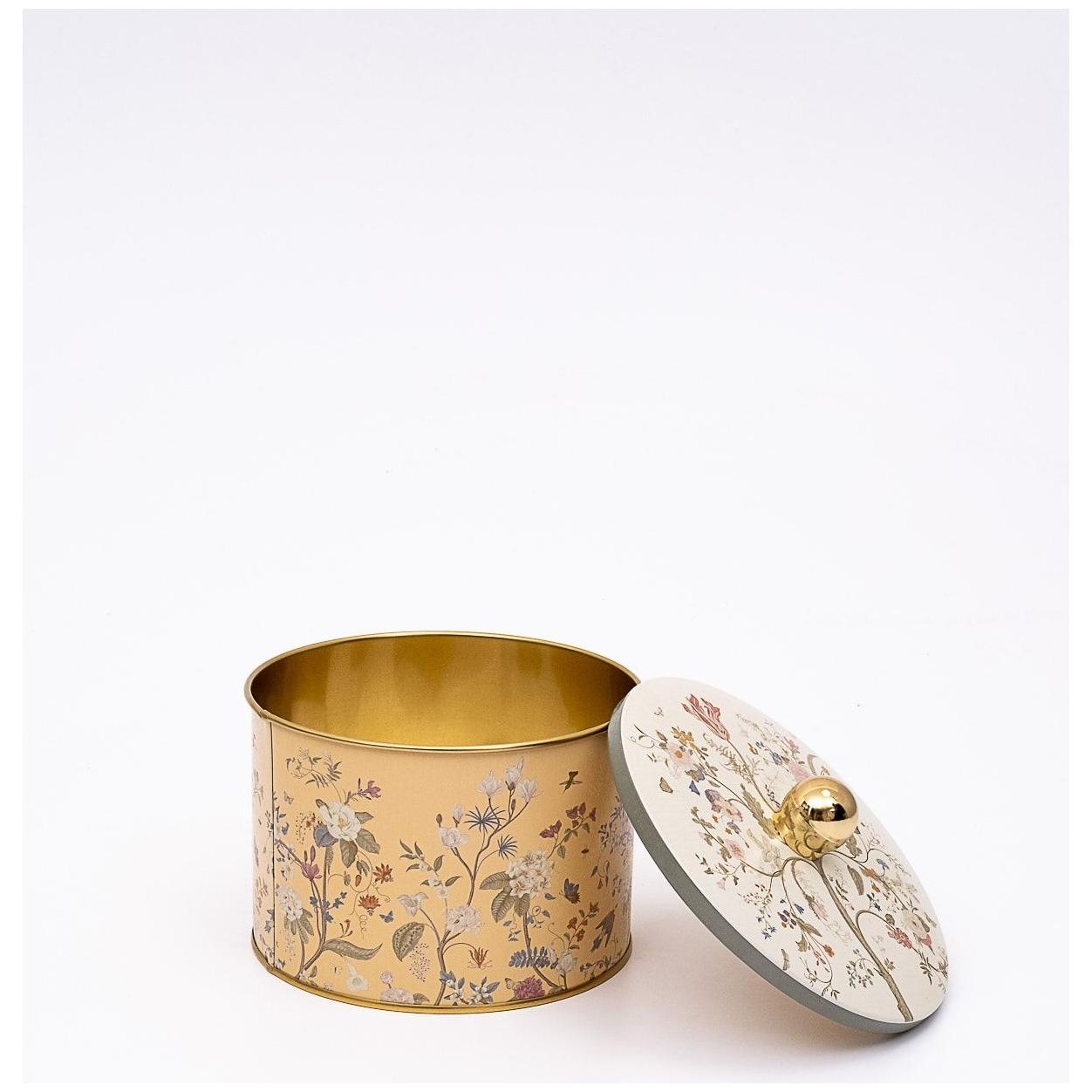 Ø140x100 mm Metal Yuvarlak Saklama Kabı Kulpu Çiçek Desenli Pastel Sarı — Yuvarlak Kutular — görsel 2 / 3 — Tinbox