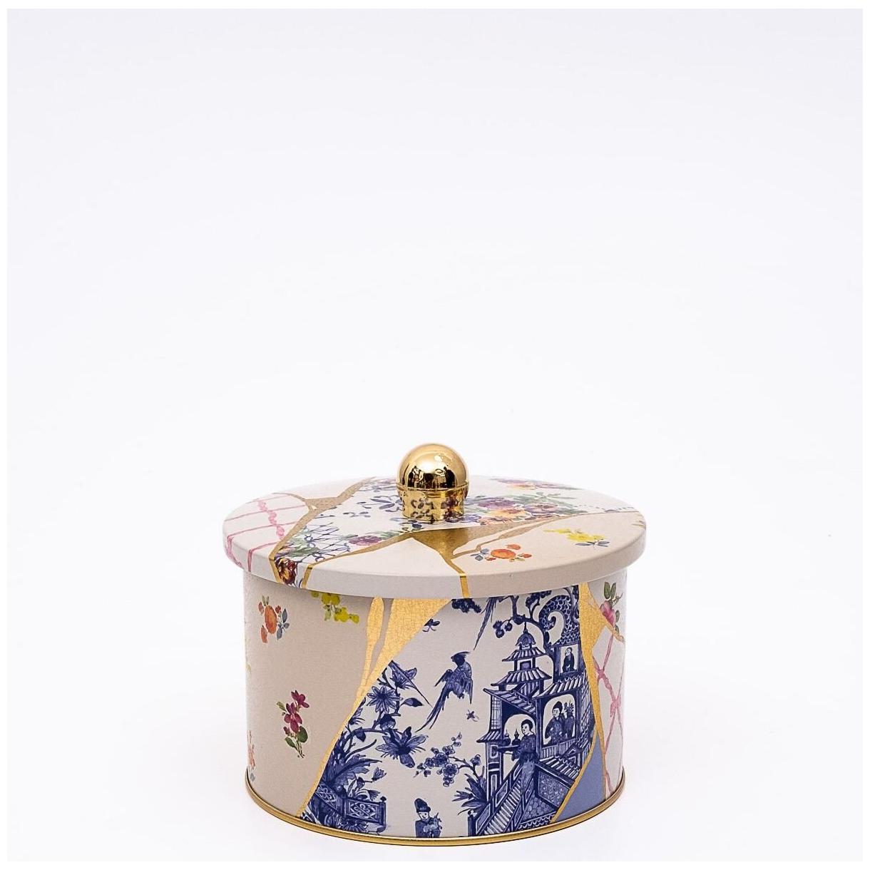 Ø140x100 mm Metal Yuvarlak Kutu Kulpu, Kintsugi Altın Damarlı Çiçek Desenli — Yuvarlak Kutular — Tinbox
