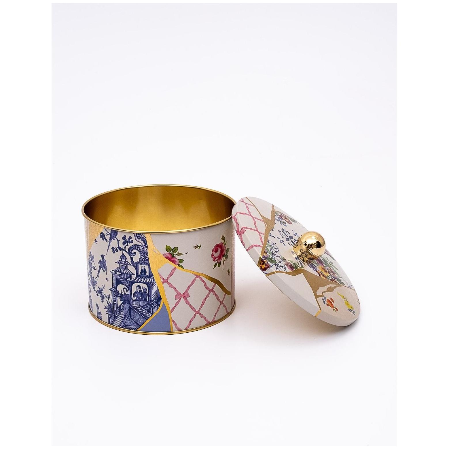 Ø140x100 mm Metal Yuvarlak Kutu Kulpu, Kintsugi Altın Damarlı Çiçek Desenli — Yuvarlak Kutular — görsel 2 / 3 — Tinbox