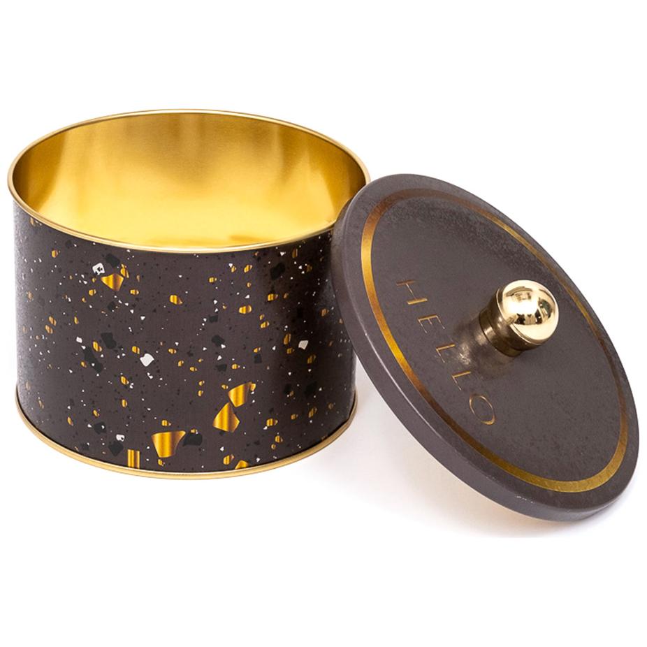 Ø140x100 mm Metal Yuvarlak Saklama Kabı Kulpu Terrazzo Kahverengi — Yuvarlak Kutular — Tinbox