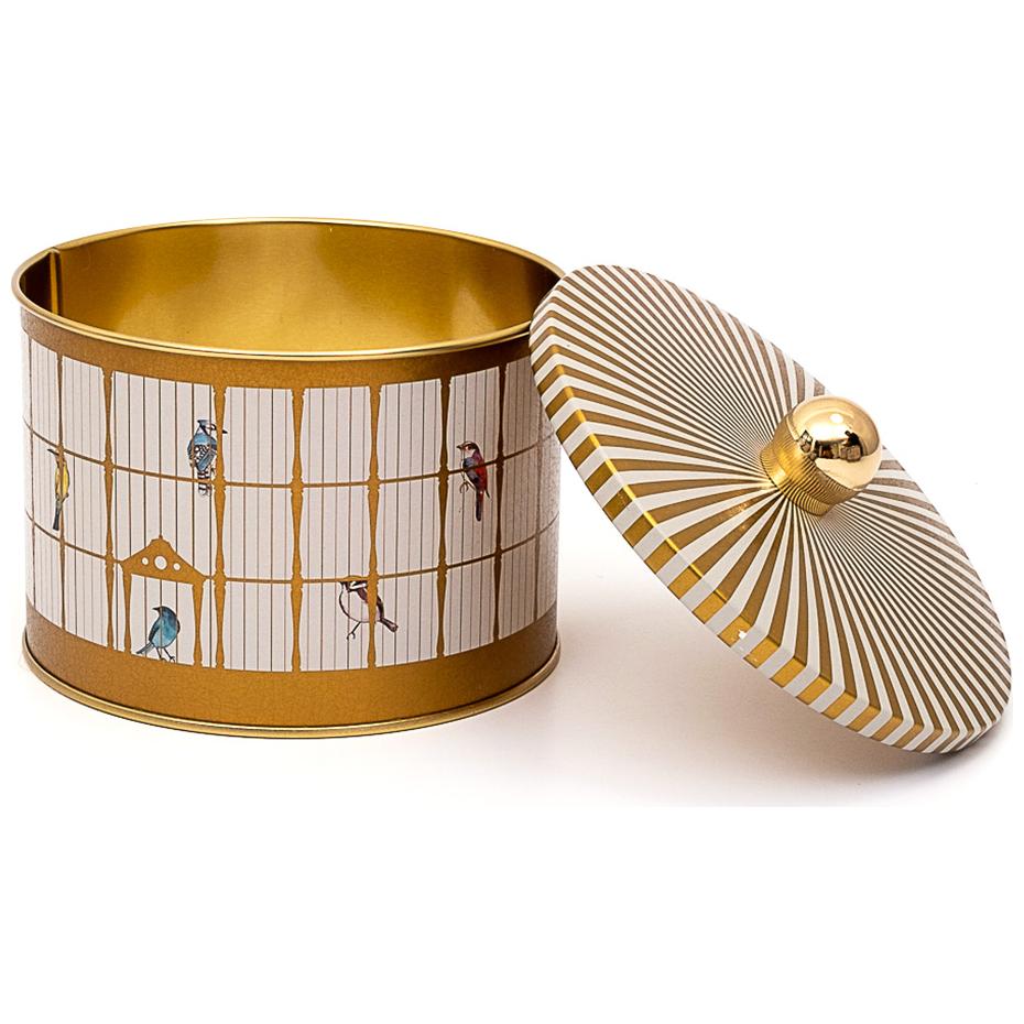 Ø140x100 mm Metal Yuvarlak Kutu Kulpu, Renkli Kuşlarla Süslü Vintage Kuş Kafesi İllüstrasyonu — Yuvarlak Kutular — Tinbox