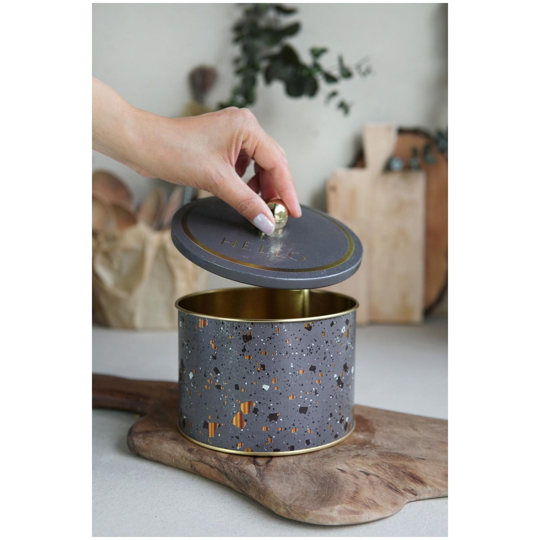 Ø140x100 mm Metal Yuvarlak Saklama Kabı Kulpu Terrazzo Kahverengi — Yuvarlak Kutular — görsel 3 / 3 — Tinbox