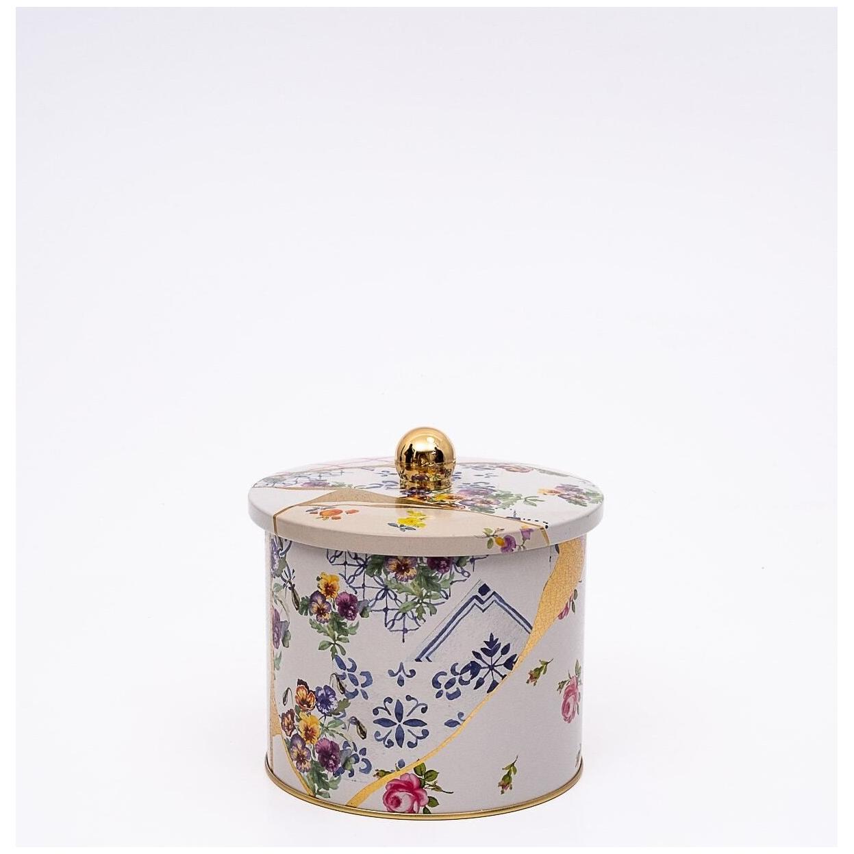 Ø140x125 mm Metal Yuvarlak Saklama Kabı Kulpu 1.7L Kintsugi Altın Damarlı Çiçek — Yuvarlak Kutular — görsel 1 / 3 — Tinbox