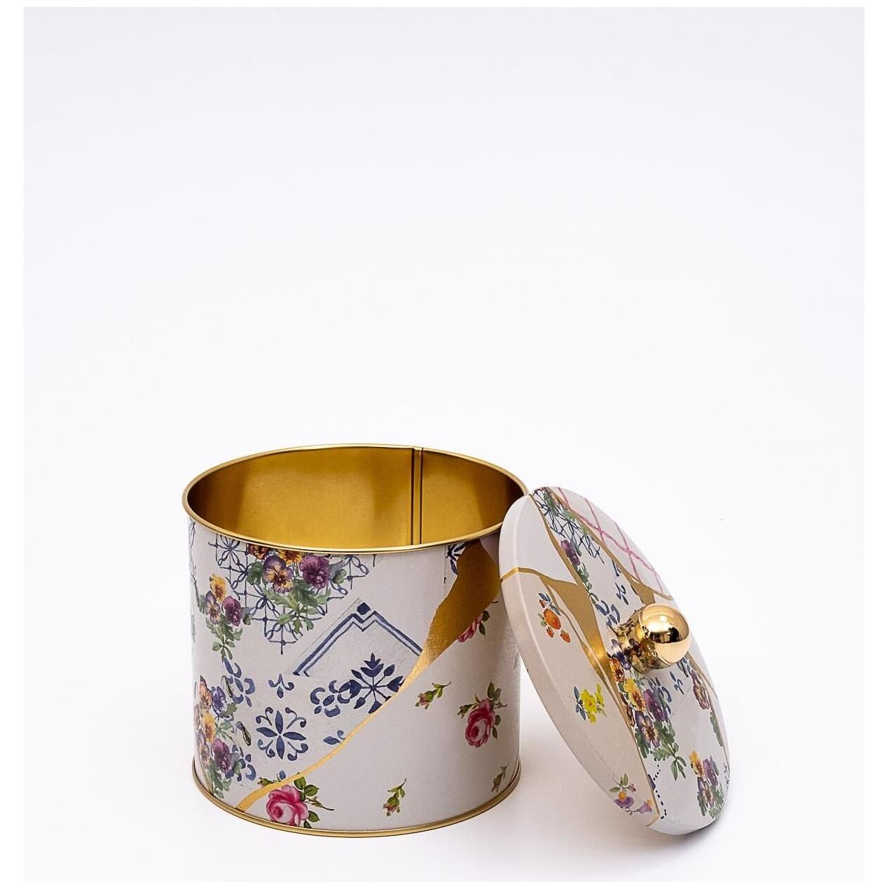 Ø140x125 mm Metal Yuvarlak Saklama Kabı Kulpu 1.7L Kintsugi Altın Damarlı Çiçek — Yuvarlak Kutular — görsel 2 / 3 — Tinbox