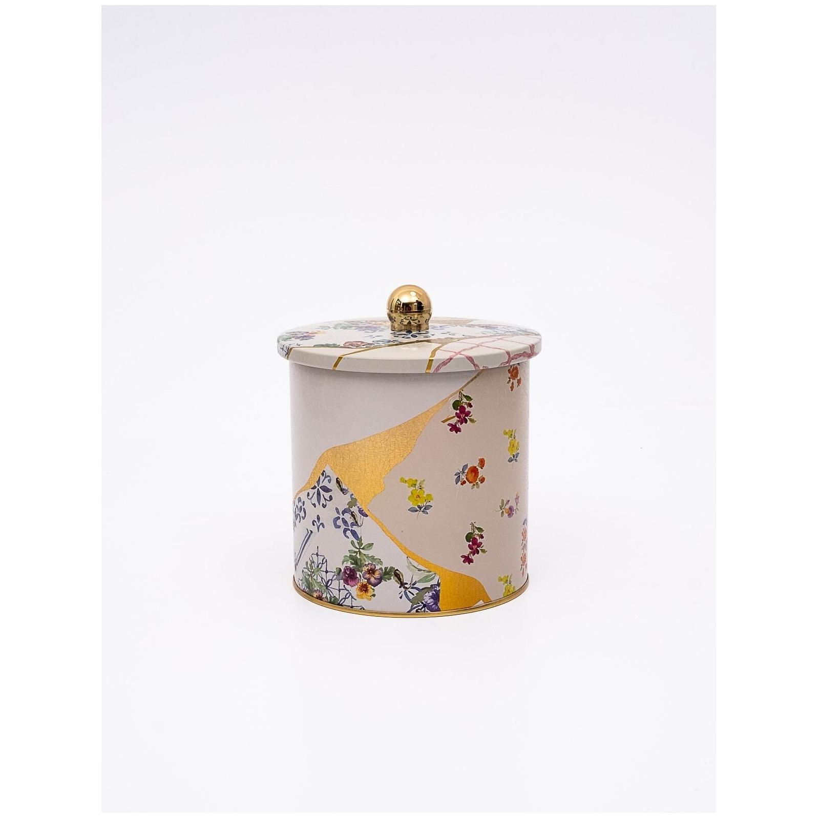 Ø140x150 mm Metal Yuvarlak Saklama Kabı Kulpu 2.1L Kintsugi Altın Damarlı Gül — Yuvarlak Kutular — Tinbox