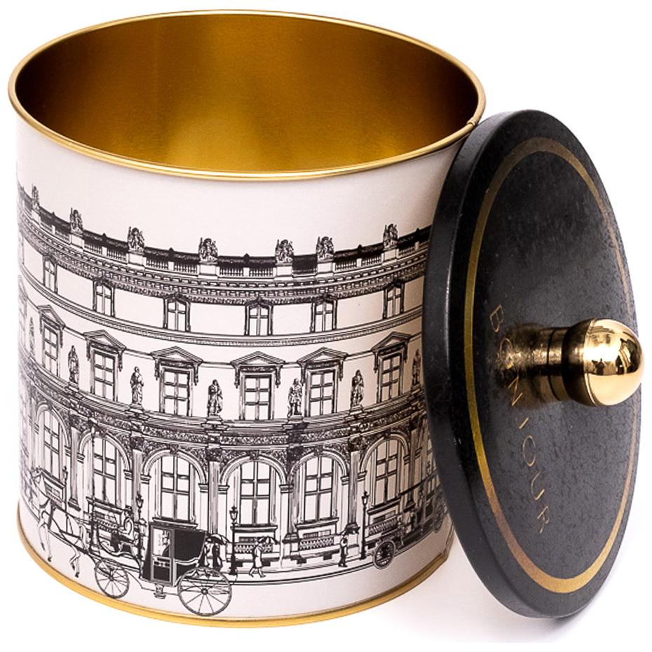 Ø140x150 mm Metal Yuvarlak Saklama Kabı Kulpu 2.1L vintage şehir manzarası illüstrasyonu — Yuvarlak Kutular — Tinbox