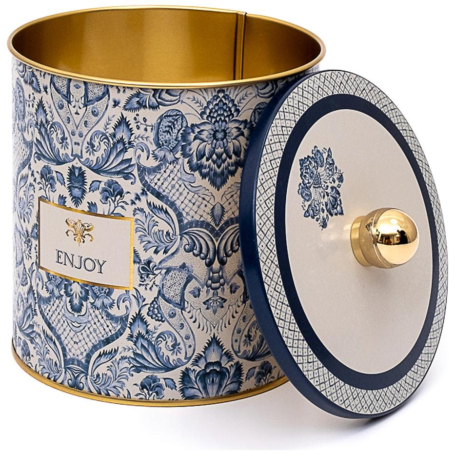 Ø140x150 mm Metal Yuvarlak Saklama Kabı Kulpu 2.1L Azulejo Esintili Mavi ve Beyaz Dekoratif Desen — Yuvarlak Kutular — Tinbox