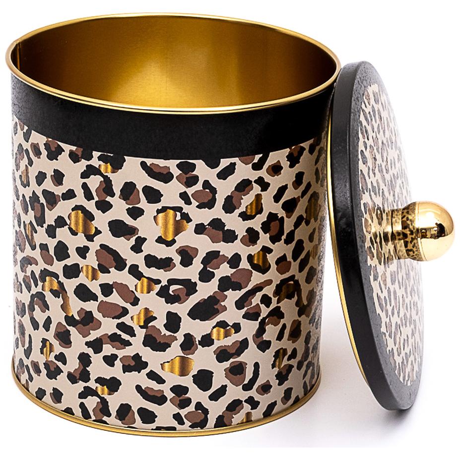 Ø140x150 mm Metal Yuvarlak Saklama Kabı Kulpu 2.1L Altın Leopar Desenli — Yuvarlak Kutular — Tinbox