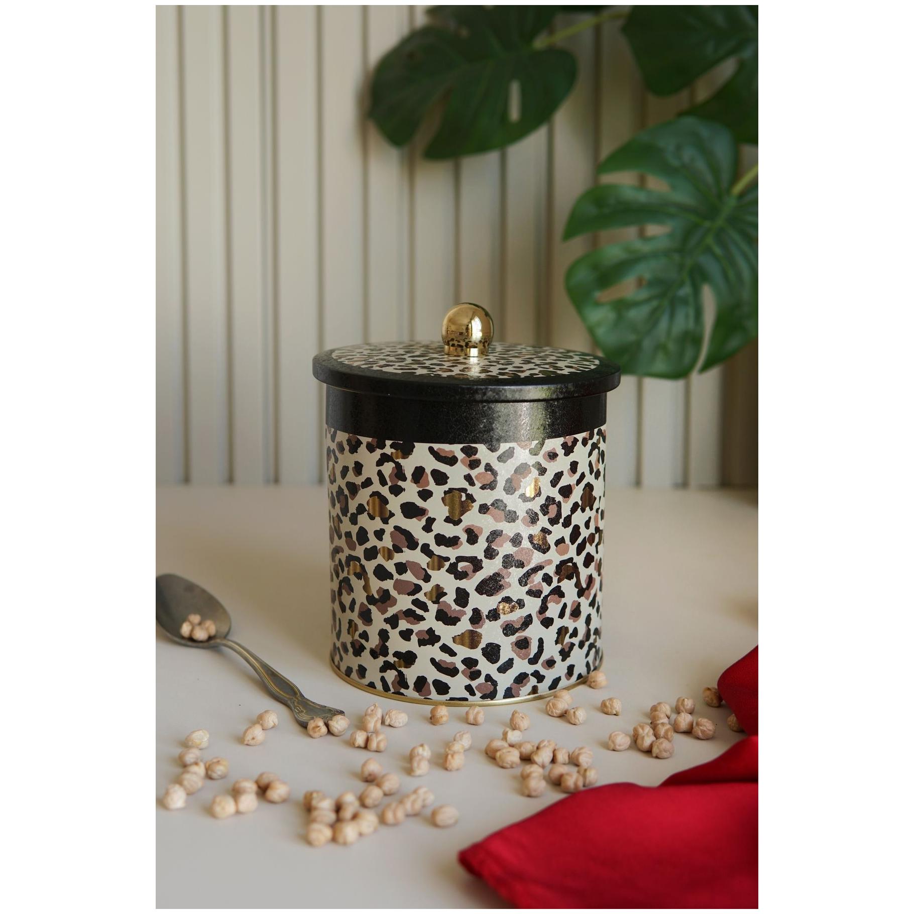 Ø140x150 mm Metal Yuvarlak Saklama Kabı Kulpu 2.1L Altın Leopar Desenli — Yuvarlak Kutular — görsel 2 / 5 — Tinbox