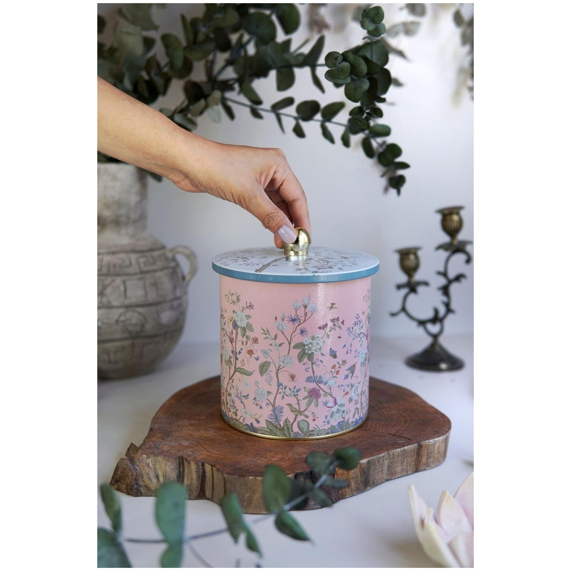 Ø140x150 mm Metal Yuvarlak Saklama Kabı Kulpu 2.1L Çiçek Desenli Pastel Pembe — Yuvarlak Kutular — görsel 3 / 3 — Tinbox