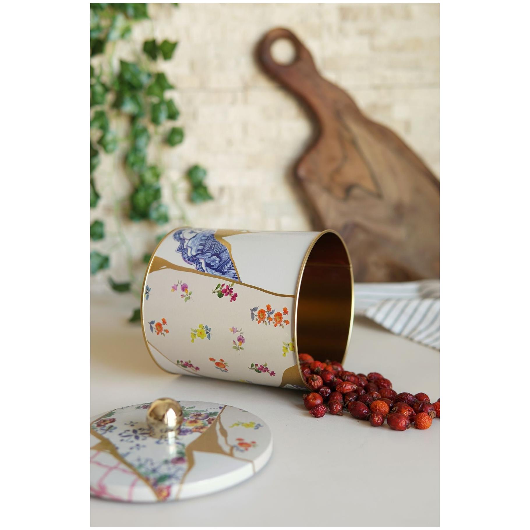 Ø140x150 mm Metal Yuvarlak Saklama Kabı Kulpu 2.1L Kintsugi Altın Damarlı Gül — Yuvarlak Kutular — görsel 3 / 3 — Tinbox