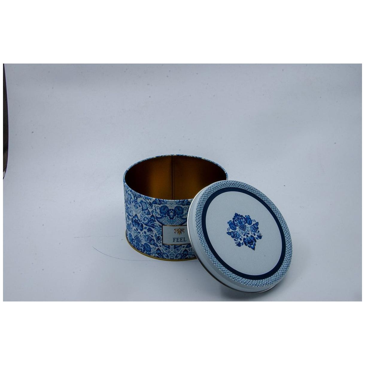 Ø175x110 mm Yuvarlak Metal Teneke Kutu, Sürgülü Kapaklı, 2,5 L, Azulejo Esintili Mavi ve Beyaz Dekoratif Desenli — Yuvarla…