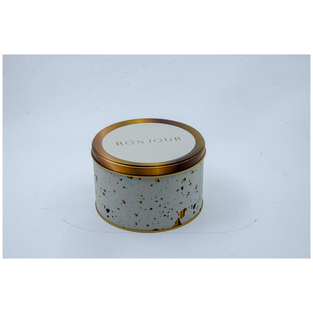 Ø175x110 mm Yuvarlak Metal Teneke Kutu, Sürgülü Kapaklı, 2,5 L, Terrazzo Krem — Yuvarlak Kutular — görsel 2 / 3 — Tinbox