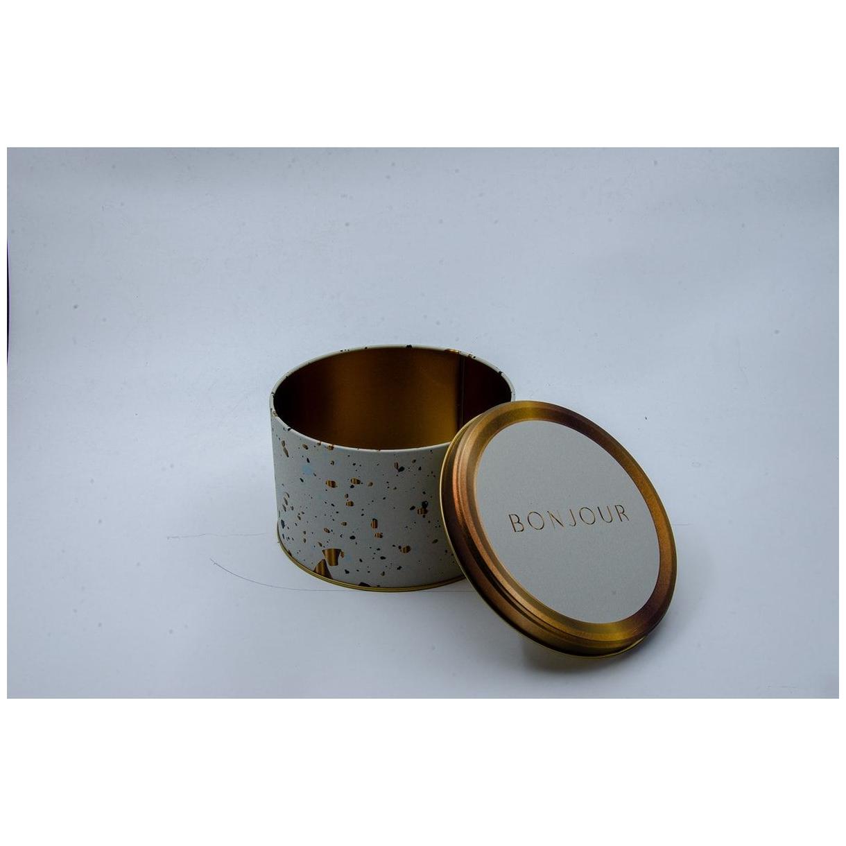 Ø175x110 mm Yuvarlak Metal Teneke Kutu, Sürgülü Kapaklı, 2,5 L, Terrazzo Krem — Yuvarlak Kutular — görsel 3 / 3 — Tinbox