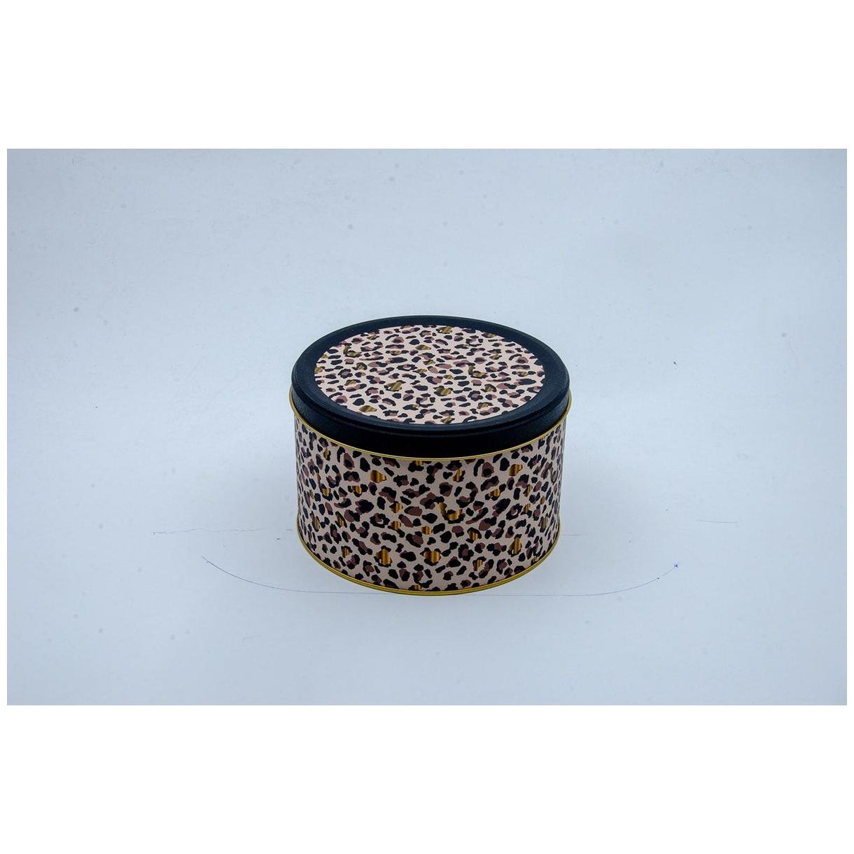 Ø175x110 mm Yuvarlak Metal Teneke Kutu, Sürgülü Kapaklı, 2,5 L, Altın Leopar Desenli — Yuvarlak Kutular — görsel 2 / 3 — T…