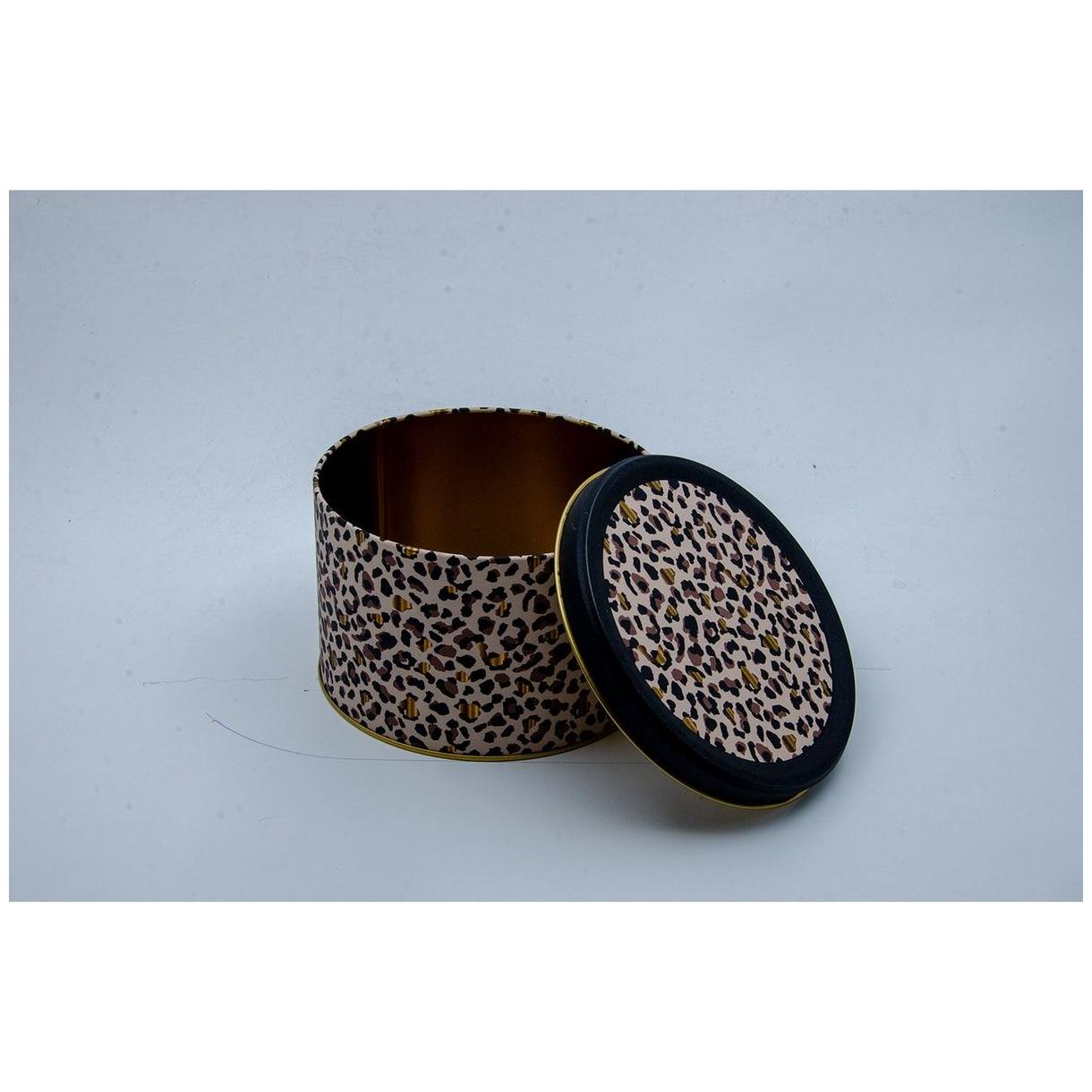 Ø175x110 mm Yuvarlak Metal Teneke Kutu, Sürgülü Kapaklı, 2,5 L, Altın Leopar Desenli — Yuvarlak Kutular — görsel 3 / 3 — T…