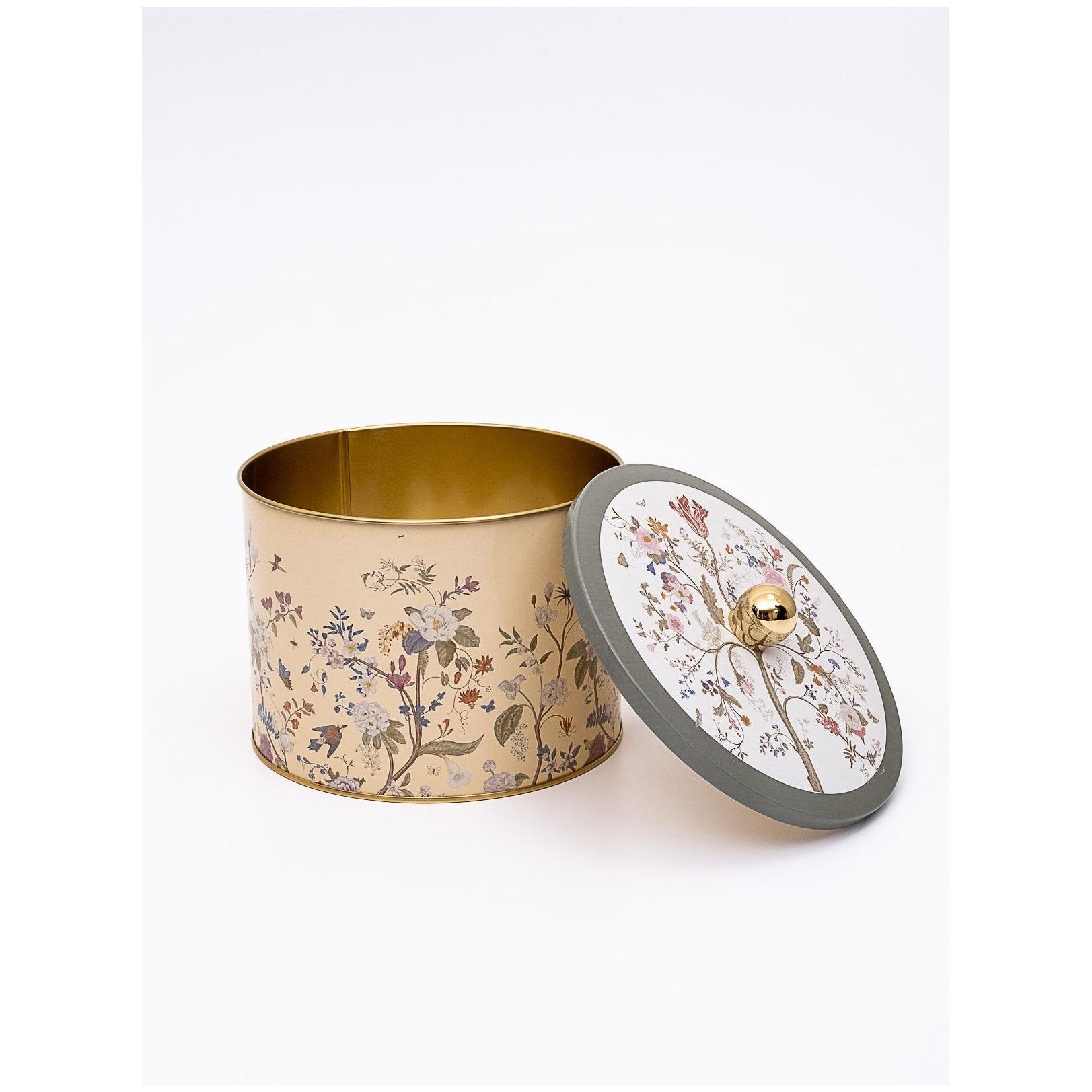 Ø175x130 mm Metal Yuvarlak Saklama Kabı Kulpu Çiçek Desenli Pastel Sarı — Yuvarlak Kutular — görsel 2 / 3 — Tinbox