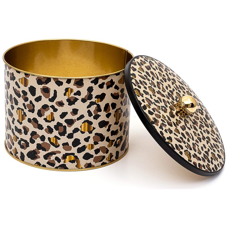 Ø175x130 mm Metal Yuvarlak Saklama Kabı Kulpu Altın Leopar Desenli — Yuvarlak Kutular — Tinbox