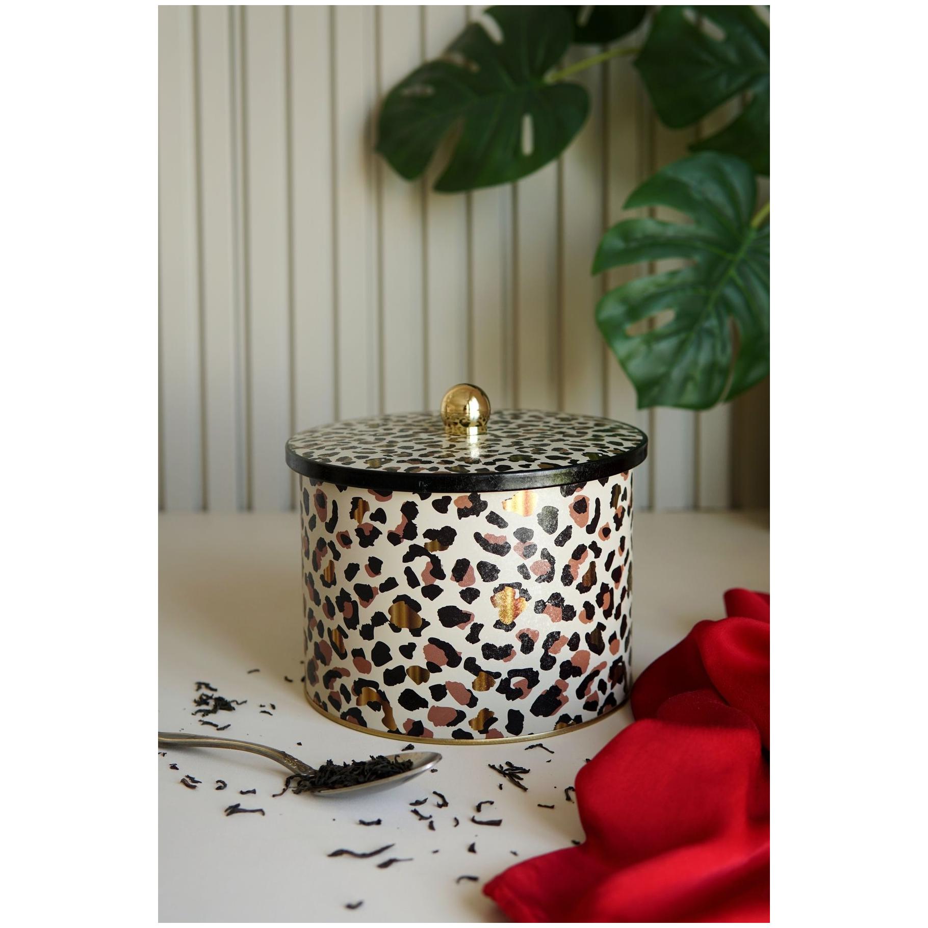 Ø175x130 mm Metal Yuvarlak Saklama Kabı Kulpu Altın Leopar Desenli — Yuvarlak Kutular — görsel 2 / 5 — Tinbox