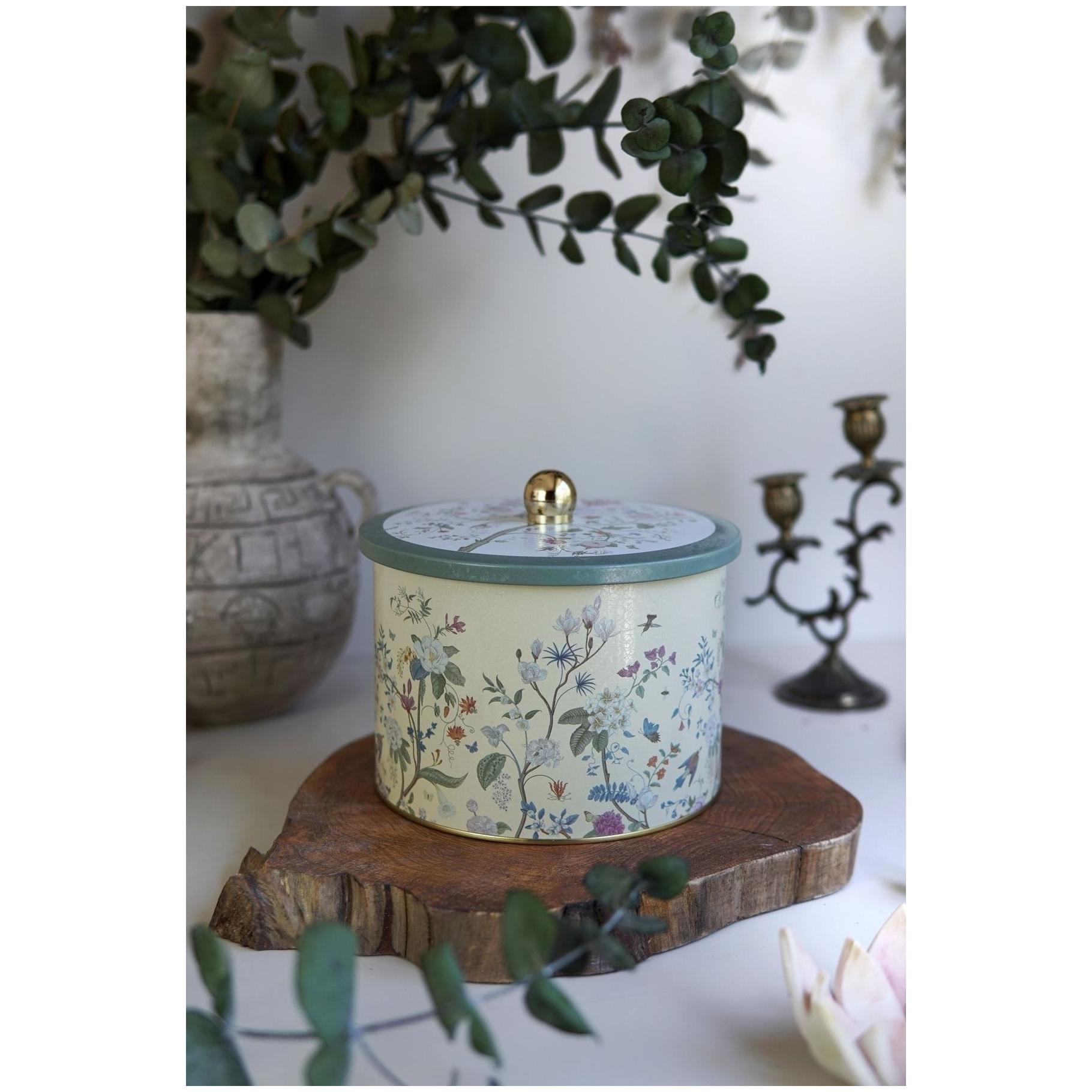 Ø175x130 mm Metal Yuvarlak Saklama Kabı Kulpu Çiçek Desenli Pastel Sarı — Yuvarlak Kutular — görsel 3 / 3 — Tinbox