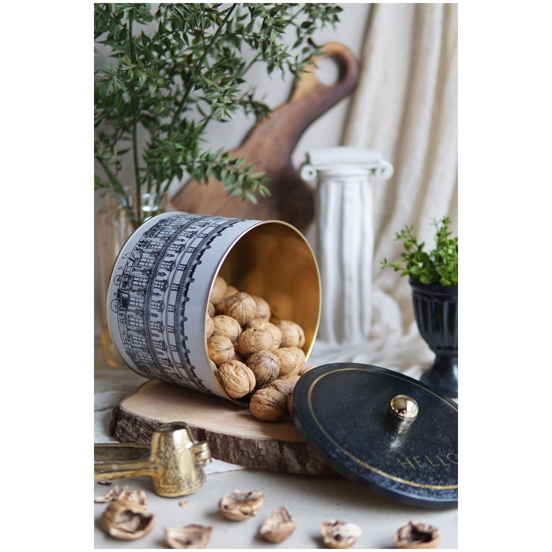 Ø175x130 mm Metal Round Canister Knob Handle vintage cityscapes illustration — Round Boxes — Tinbox