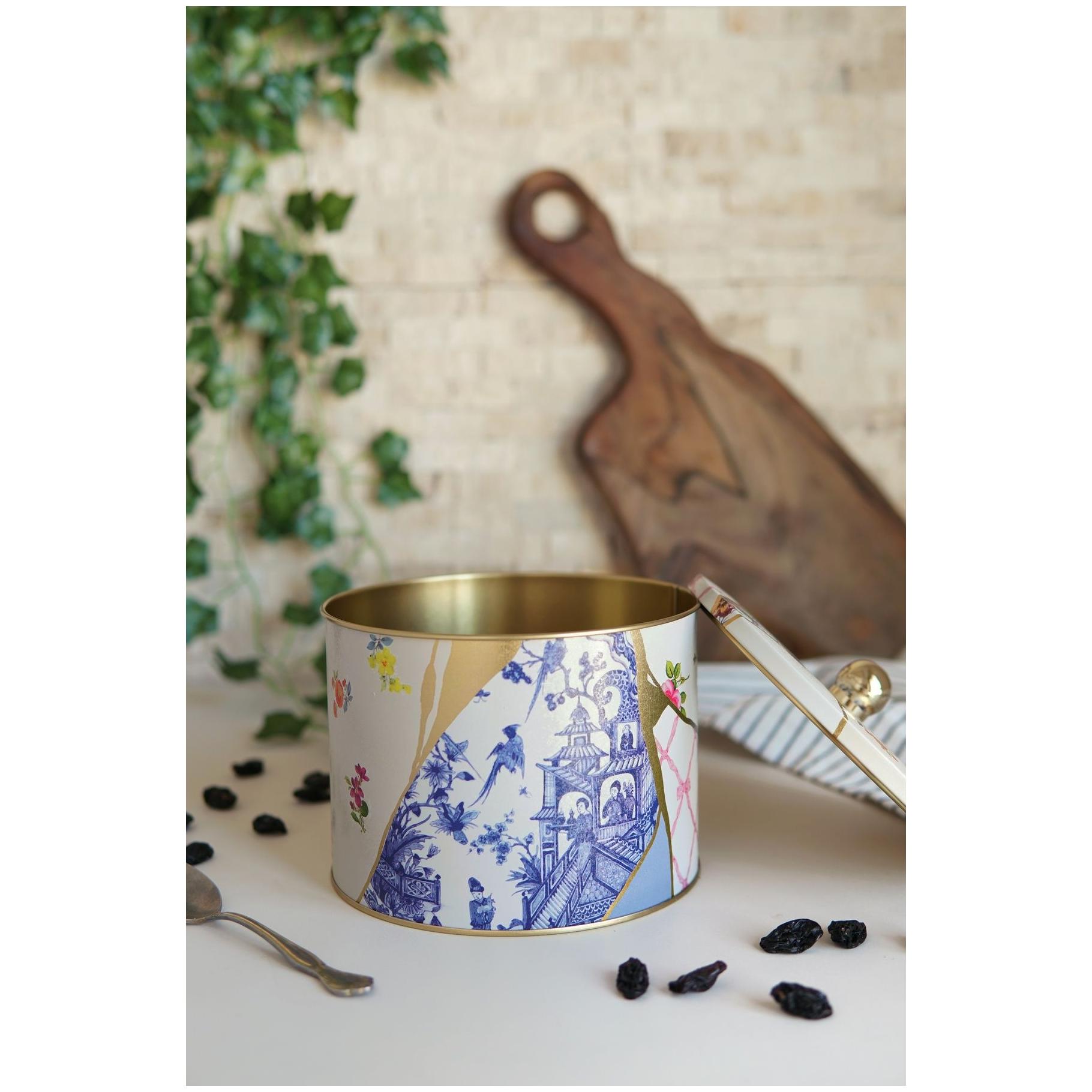 Ø175x130 mm Metal Yuvarlak Kutu Kulpu, Kintsugi Altın Damarlı Çiçek Desenli — Yuvarlak Kutular — görsel 3 / 3 — Tinbox