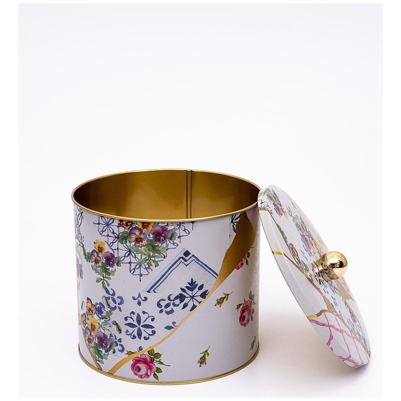 Ø175x155 mm Metal Yuvarlak Saklama Kabı Kulpu 3.5L Kintsugi Altın Damarlı Çiçek — Yuvarlak Kutular — görsel 2 / 3 — Tinbox