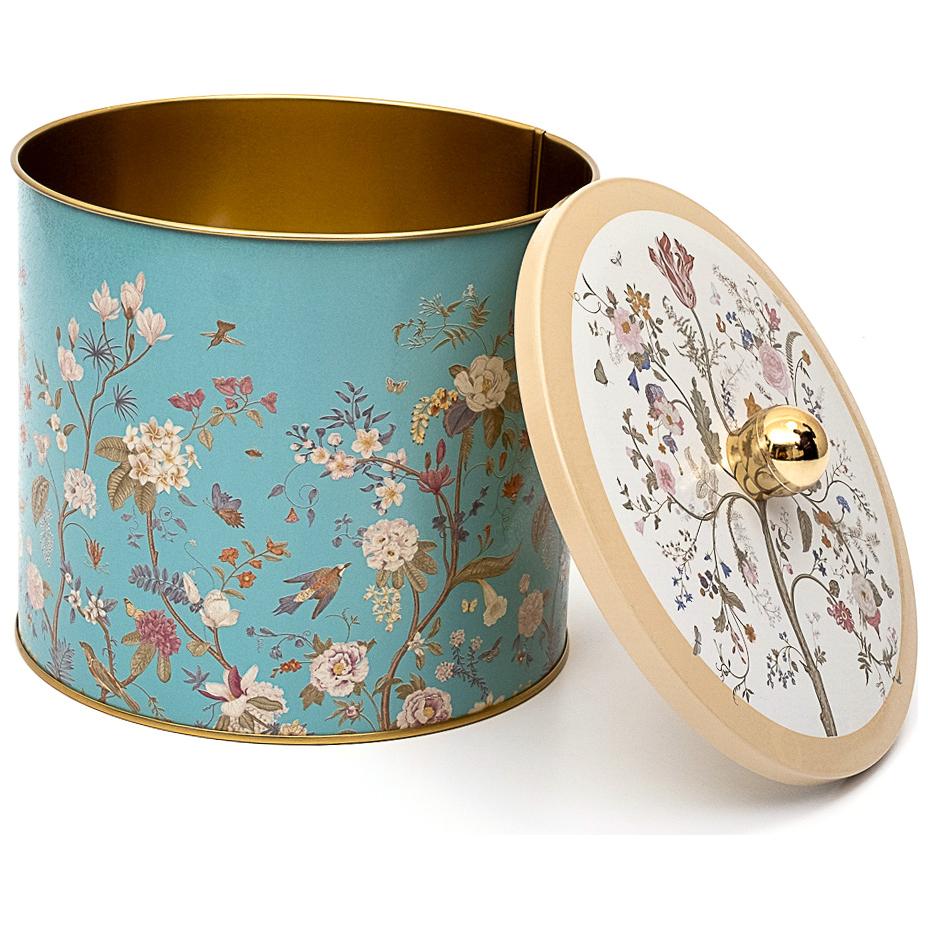 Ø175x155 mm Metal Yuvarlak Saklama Kabı Kulpu 3.5L Çiçek Desenli Pastel Mavi — Yuvarlak Kutular — Tinbox