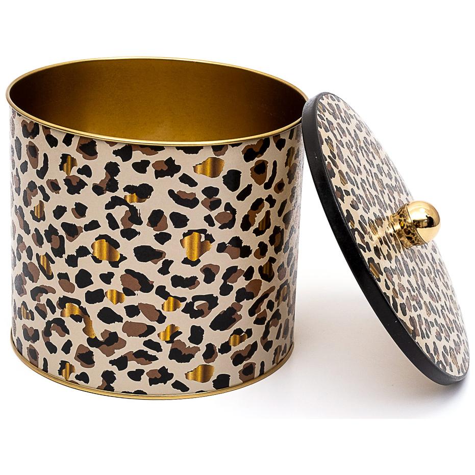 Ø175x155 mm Metal Yuvarlak Saklama Kabı Kulpu 3.5L Altın Leopar Desenli — Yuvarlak Kutular — Tinbox