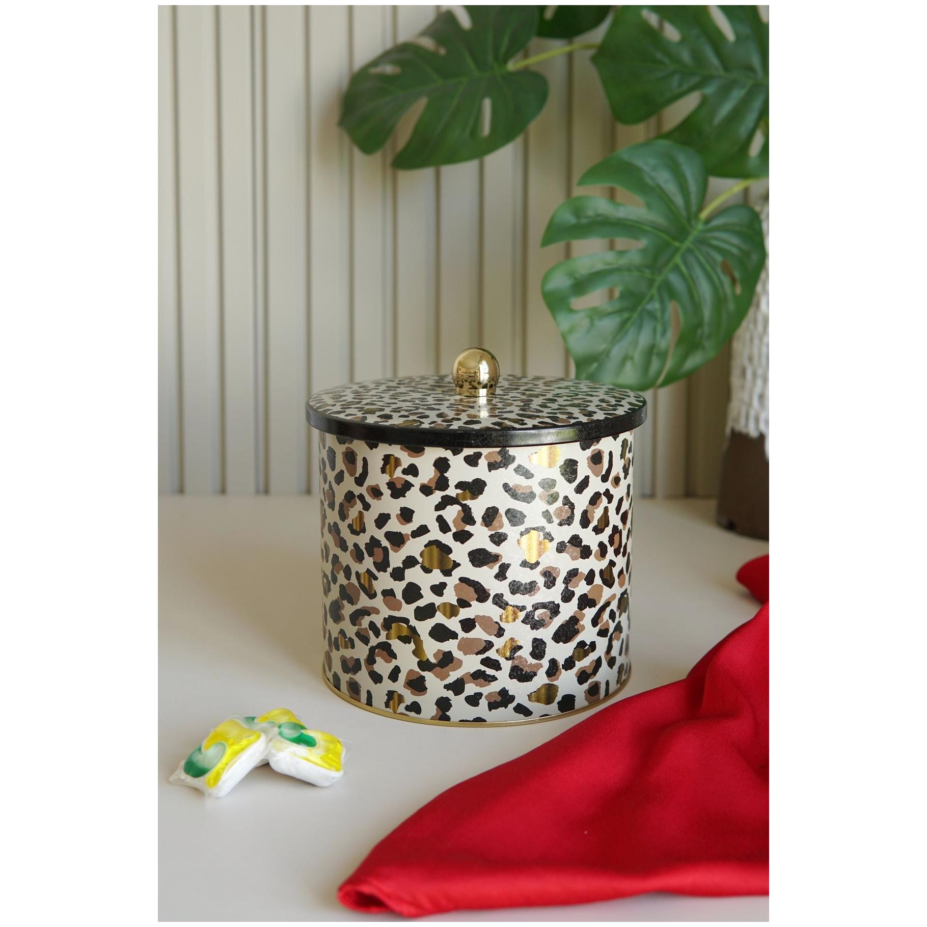 Ø175x155 mm Metal Yuvarlak Saklama Kabı Kulpu 3.5L Altın Leopar Desenli — Yuvarlak Kutular — görsel 2 / 5 — Tinbox