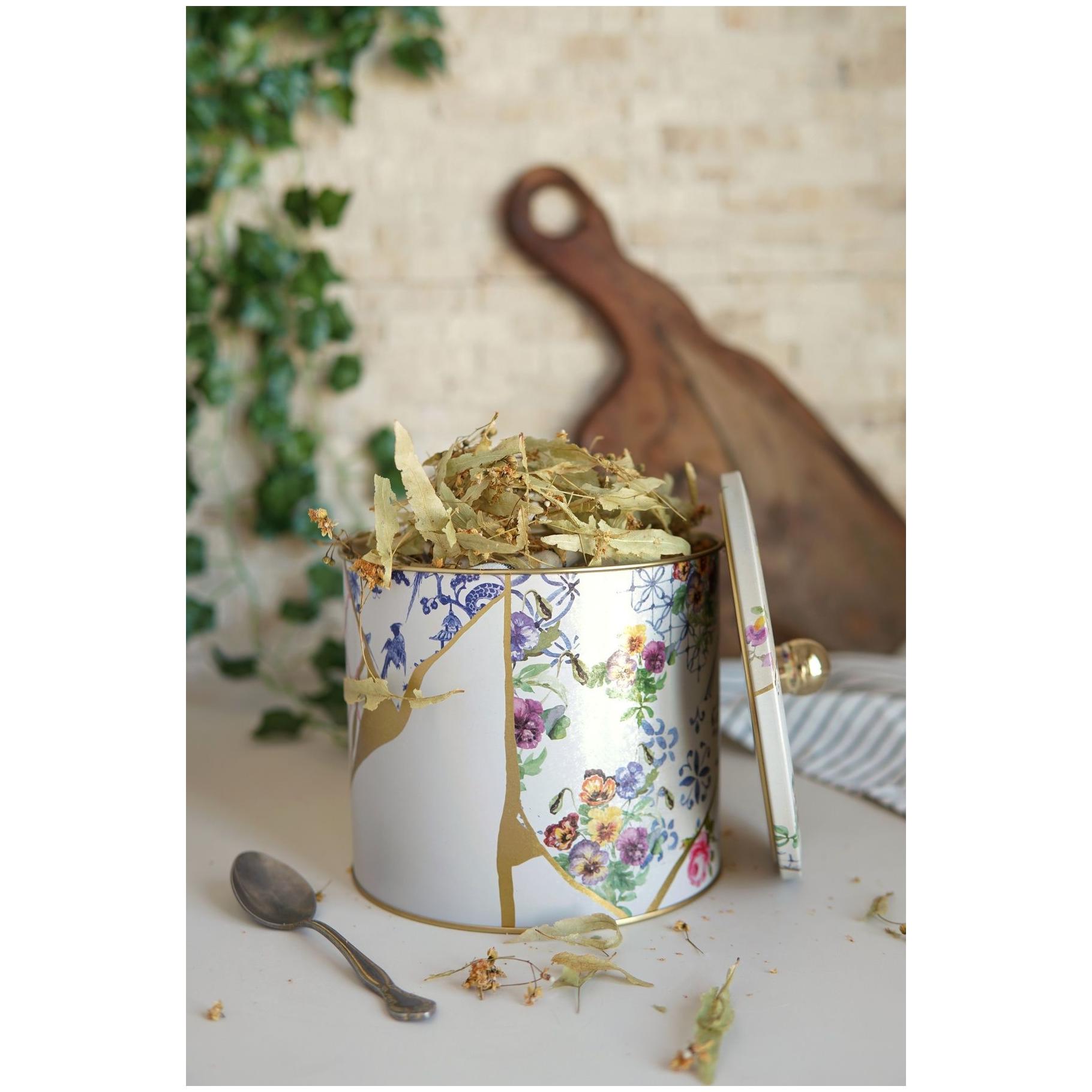 Ø175x155 mm Metal Yuvarlak Saklama Kabı Kulpu 3.5L Kintsugi Altın Damarlı Çiçek — Yuvarlak Kutular — görsel 3 / 3 — Tinbox