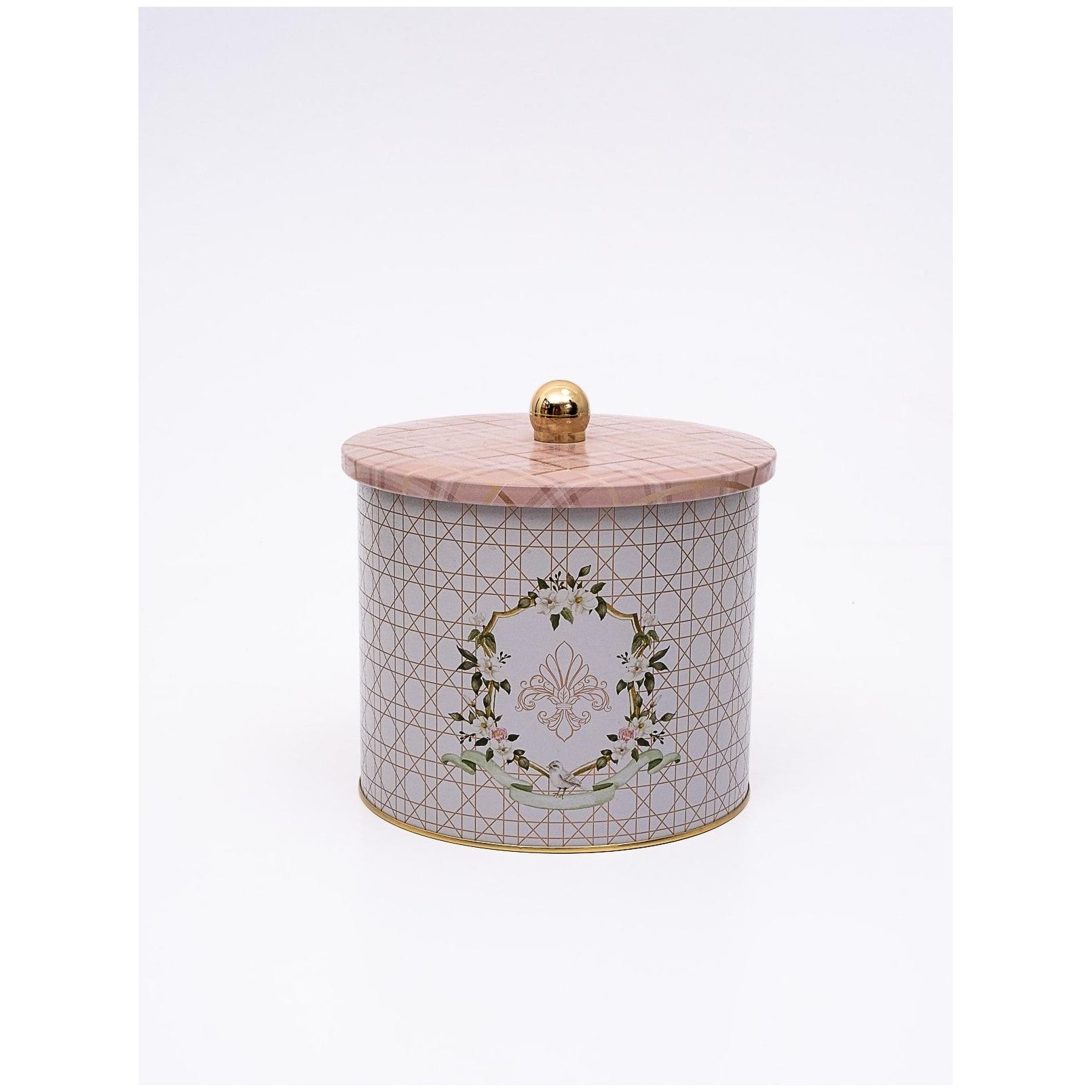Ø175x155 mm Metal Yuvarlak Saklama Kabı Kulpu 3.5L Pembe Ekose — Yuvarlak Kutular — Tinbox