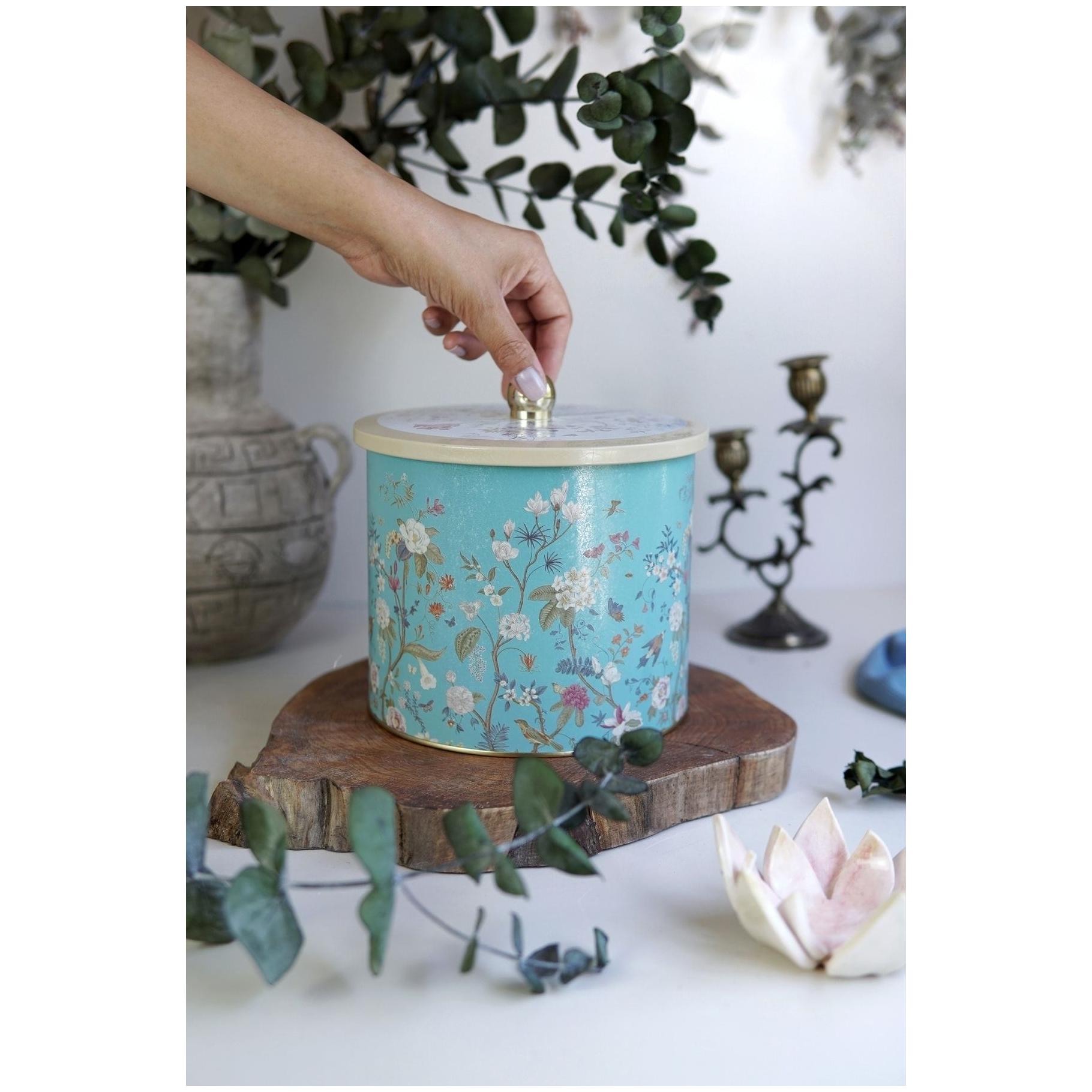 Ø175x155 mm Metal Yuvarlak Saklama Kabı Kulpu 3.5L Çiçek Desenli Pastel Mavi — Yuvarlak Kutular — görsel 3 / 3 — Tinbox