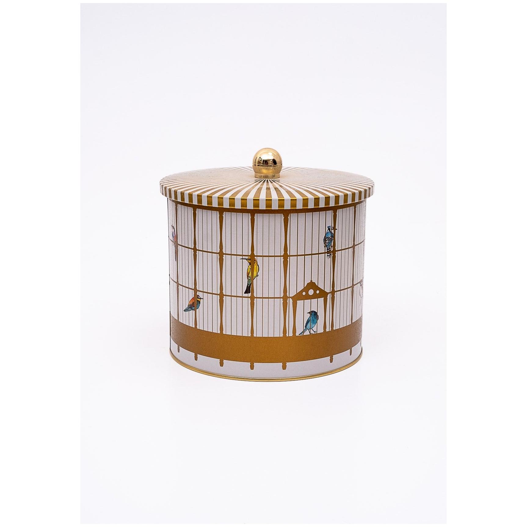 Ø175x155 mm Metal Round Canister Knob Handle 3.5L Vintage Birdcage Illustration with Colorful Birds — Round Boxes — Tinbox
