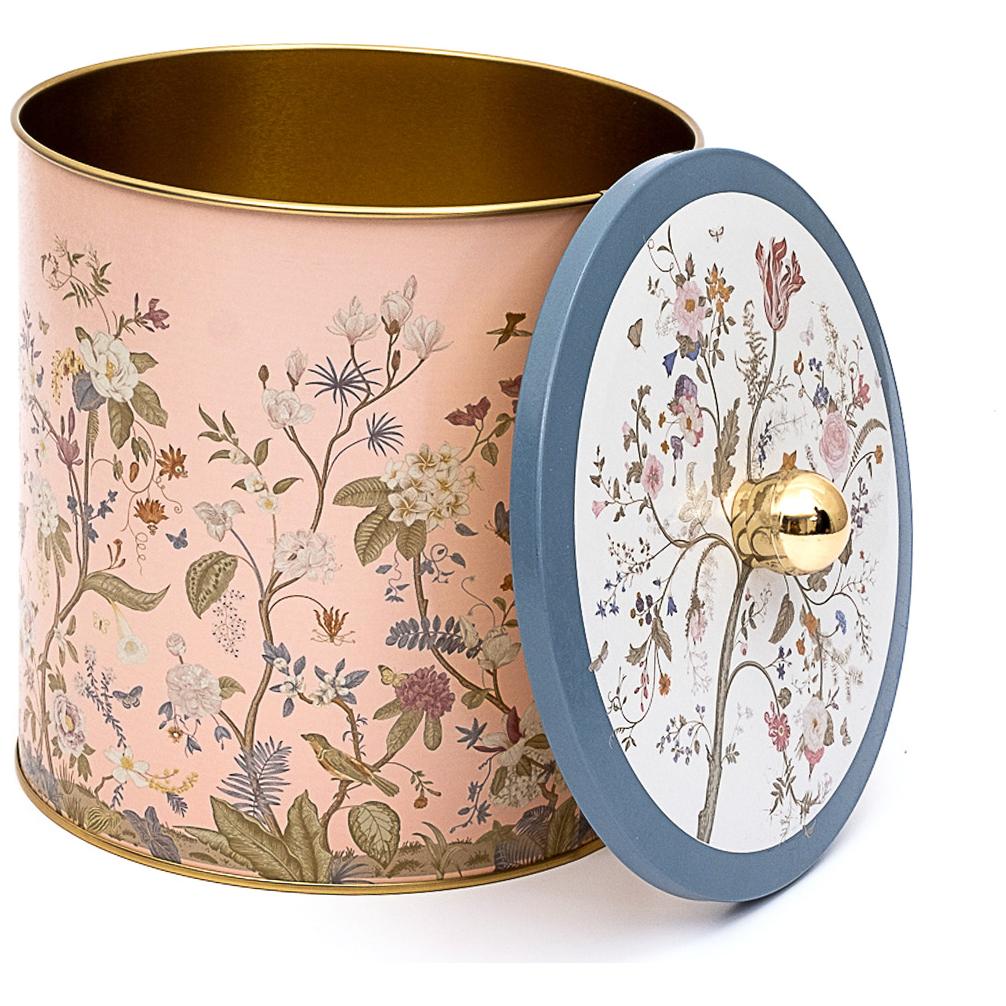 Ø175x180 mm Metal Yuvarlak Saklama Kabı Kulpu Çiçek Desenli Pastel Pembe — Yuvarlak Kutular — Tinbox