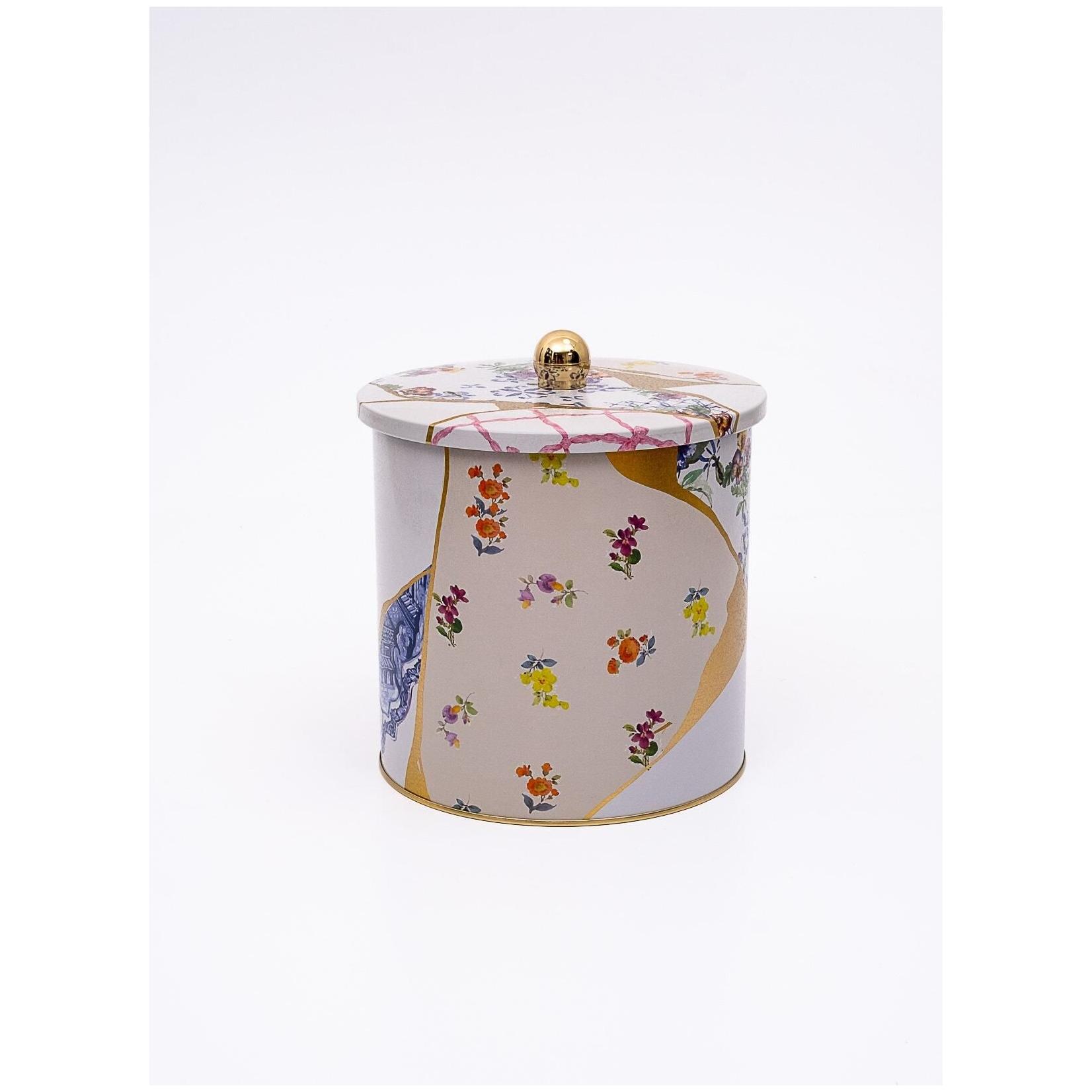 Ø175x180 mm Metal Yuvarlak Kutu Kulpu Kintsugi Altın Damarlı Gül Desenli — Yuvarlak Kutular — Tinbox