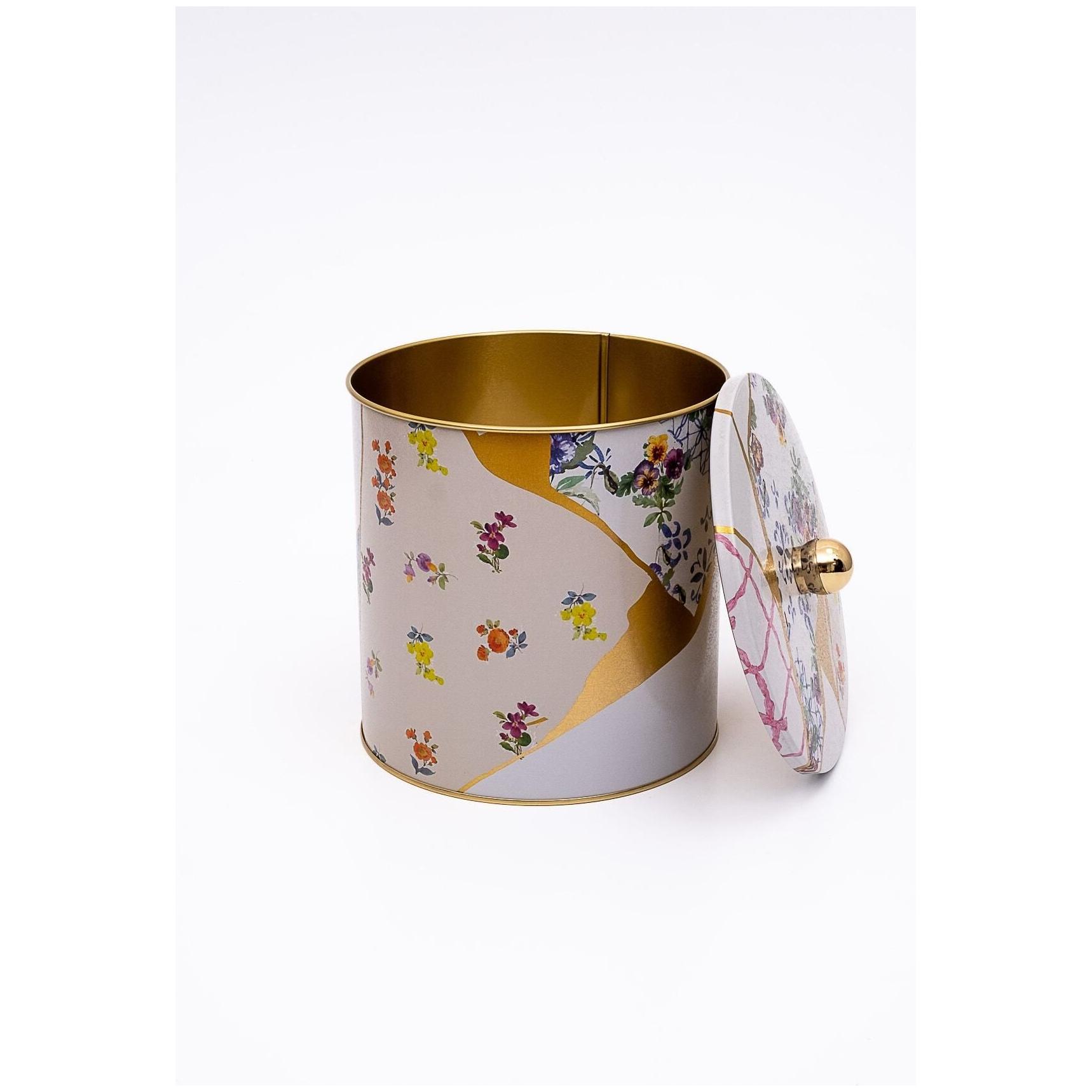 Ø175x180 mm Metal Yuvarlak Kutu Kulpu Kintsugi Altın Damarlı Gül Desenli — Yuvarlak Kutular — görsel 2 / 3 — Tinbox