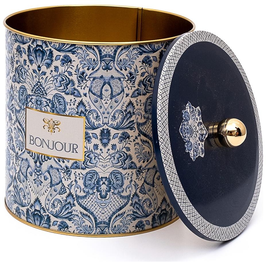 Ø175x180 mm Metal Yuvarlak Kutu Kulpu, Azulejo Esintili Mavi ve Beyaz Dekoratif Desenli — Yuvarlak Kutular — Tinbox
