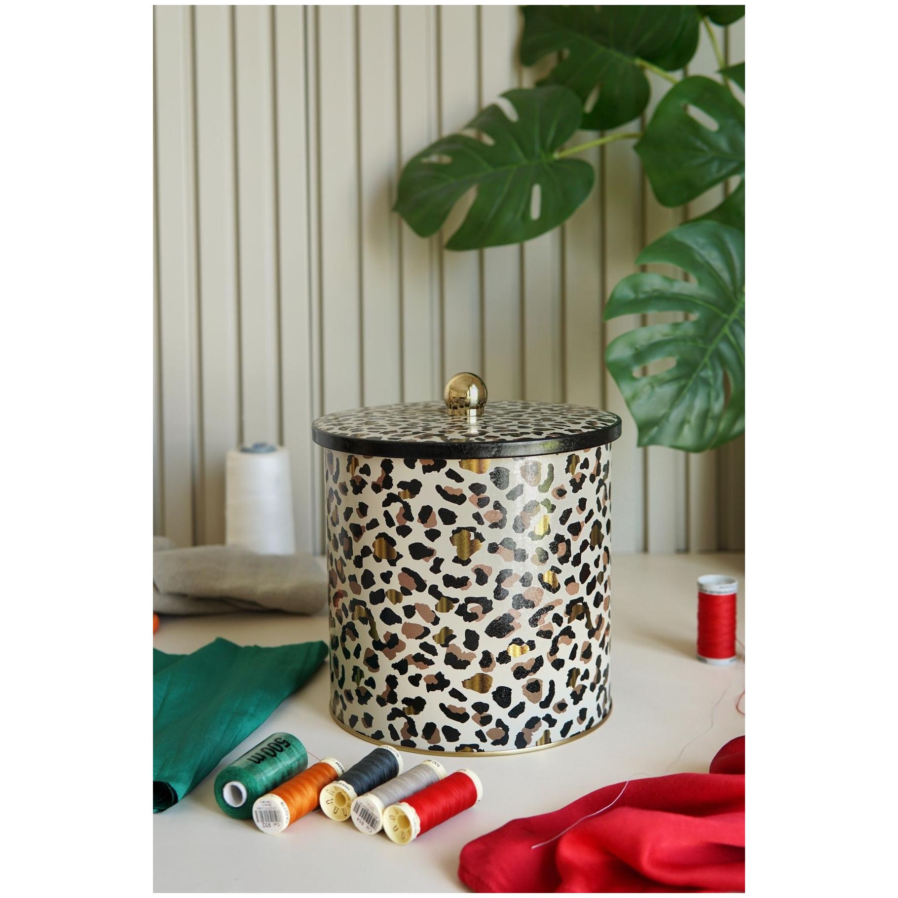 Ø175x180 mm Metal Yuvarlak Saklama Kabı Kulpu Altın Leopar Desenli — Yuvarlak Kutular — görsel 2 / 5 — Tinbox