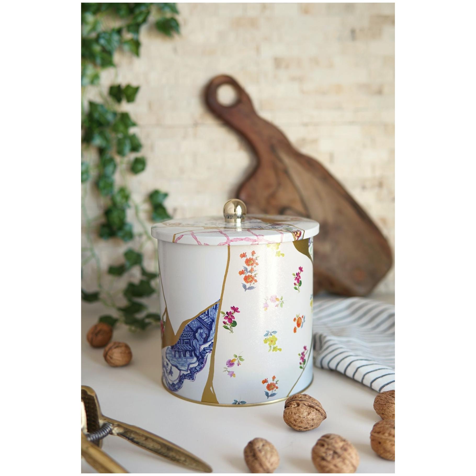 Ø175x180 mm Metal Yuvarlak Kutu Kulpu Kintsugi Altın Damarlı Gül Desenli — Yuvarlak Kutular — görsel 3 / 3 — Tinbox