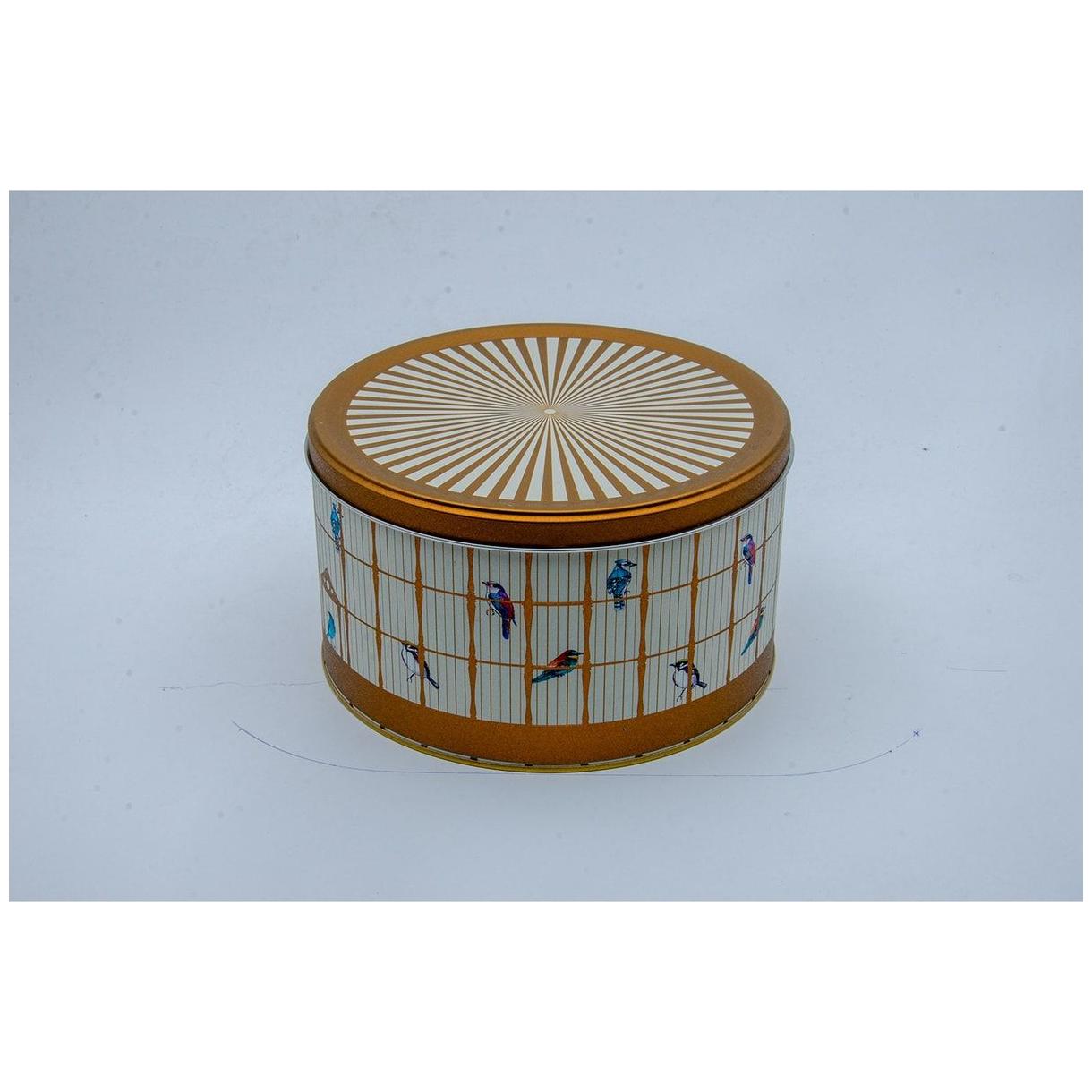 Ø215x120 mm Yuvarlak Teneke Kutu 4.1L Sürgülü Kapaklı Renkli Kuşlu Vintage Kuş Kafesi İllüstrasyonu — Yuvarlak Kutular — g…