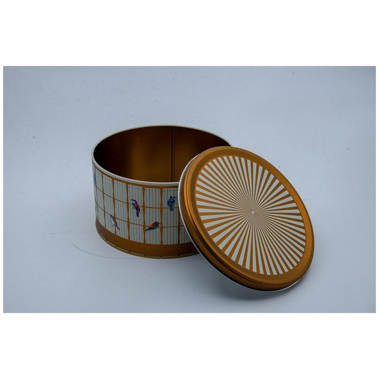 Ø215x120 mm Yuvarlak Teneke Kutu 4.1L Sürgülü Kapaklı Renkli Kuşlu Vintage Kuş Kafesi İllüstrasyonu — Yuvarlak Kutular — g…