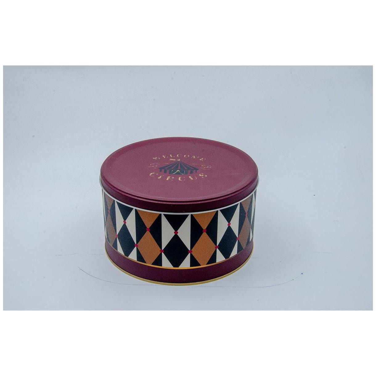 Ø215x120 mm Yuvarlak Teneke Kutu 4.1L Sürgülü Kapaklı Vintage Sirk Zarafeti — Yuvarlak Kutular — görsel 2 / 3 — Tinbox