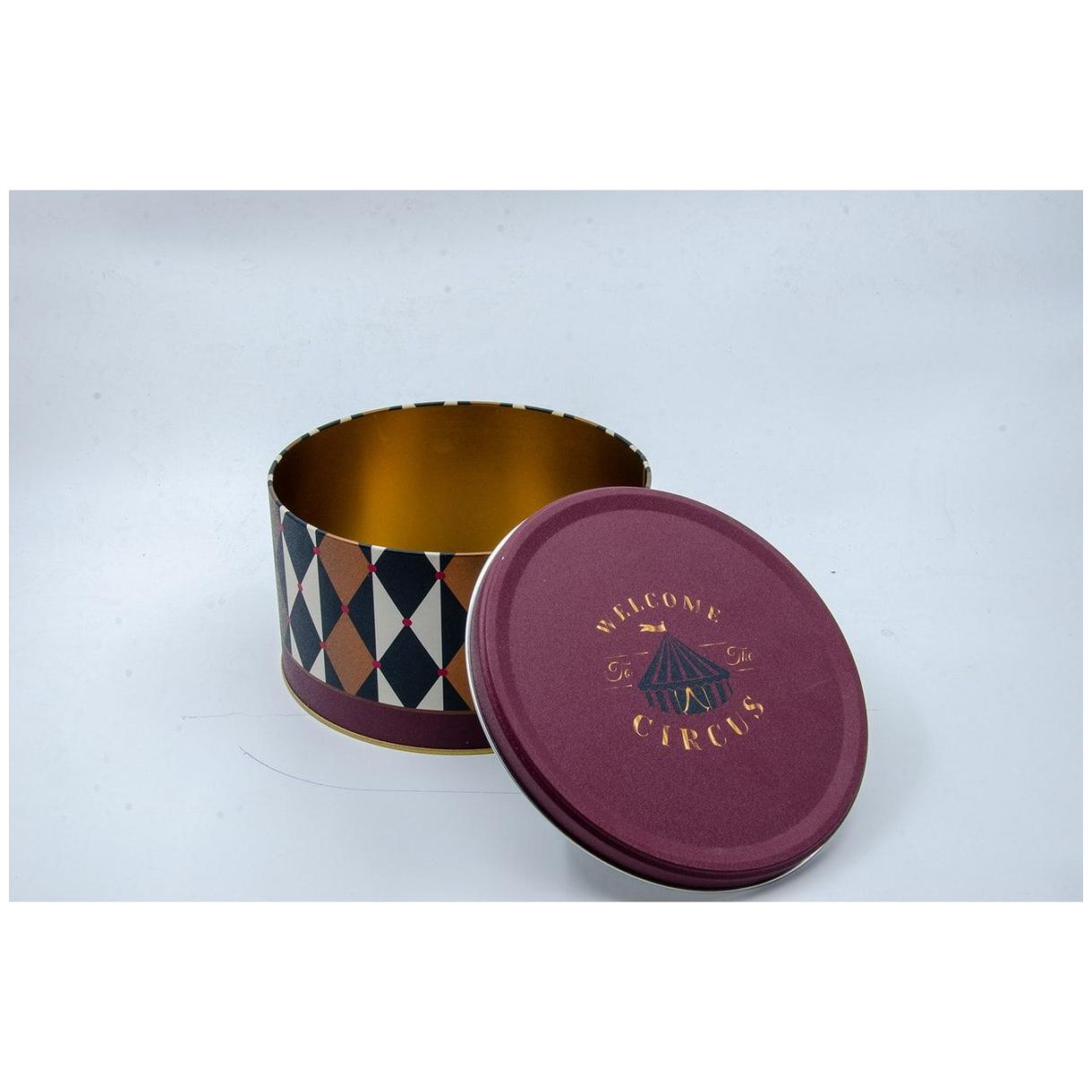 Ø215x120 mm Yuvarlak Teneke Kutu 4.1L Sürgülü Kapaklı Vintage Sirk Zarafeti — Yuvarlak Kutular — görsel 3 / 3 — Tinbox