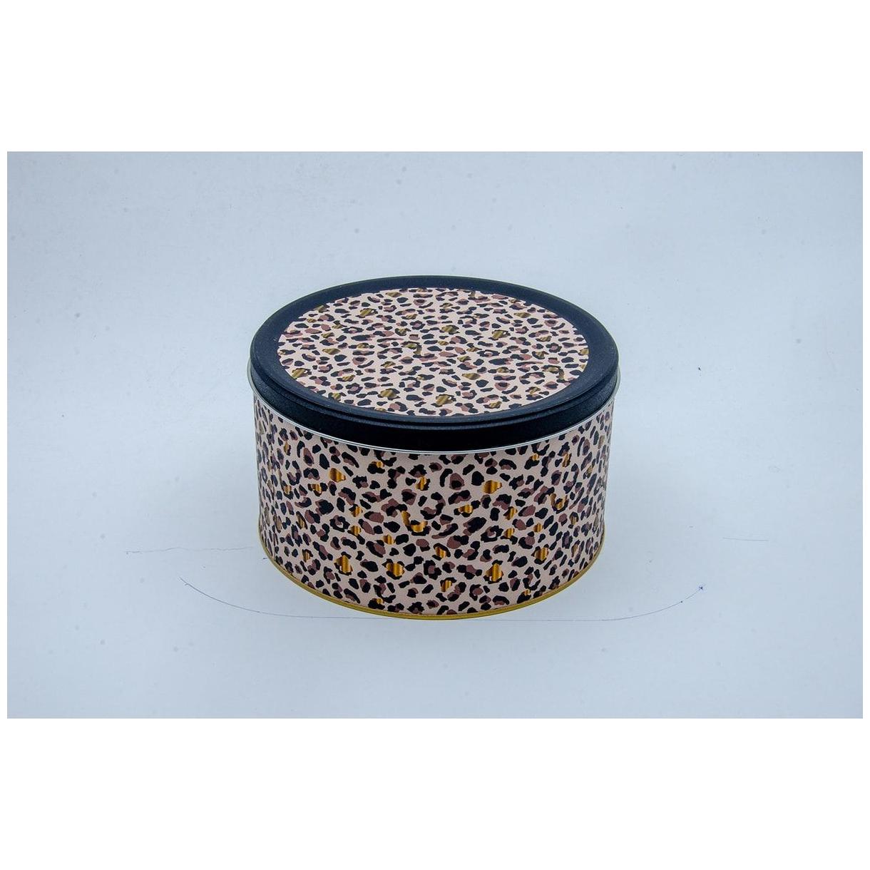 Ø215x120 mm Yuvarlak Teneke Kutu 4.1L Sürgülü Kapaklı Altın Leopar Desenli — Yuvarlak Kutular — görsel 2 / 3 — Tinbox