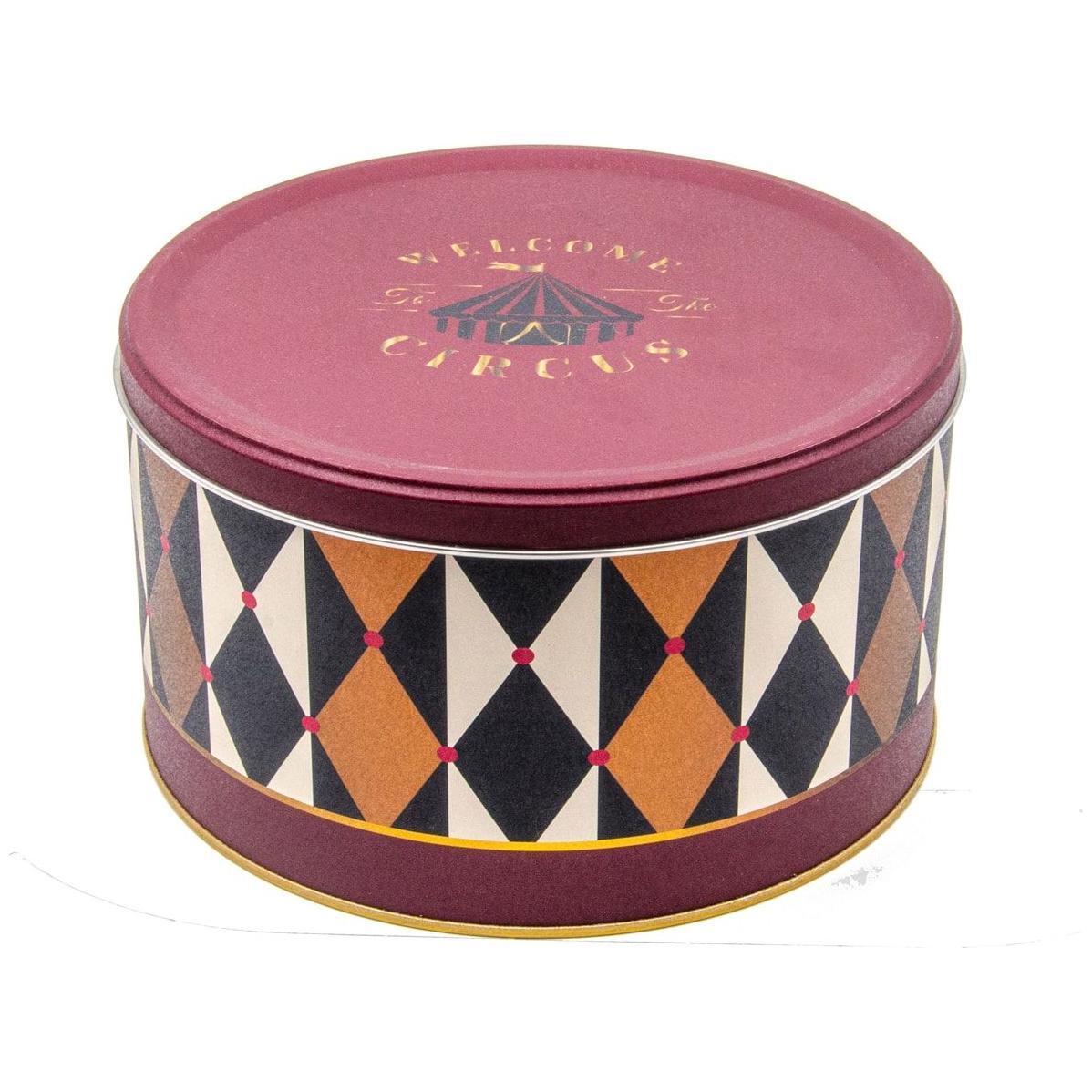 Ø215x120 mm Yuvarlak Teneke Kutu 4.1L Sürgülü Kapaklı Vintage Sirk Zarafeti — Yuvarlak Kutular — Tinbox