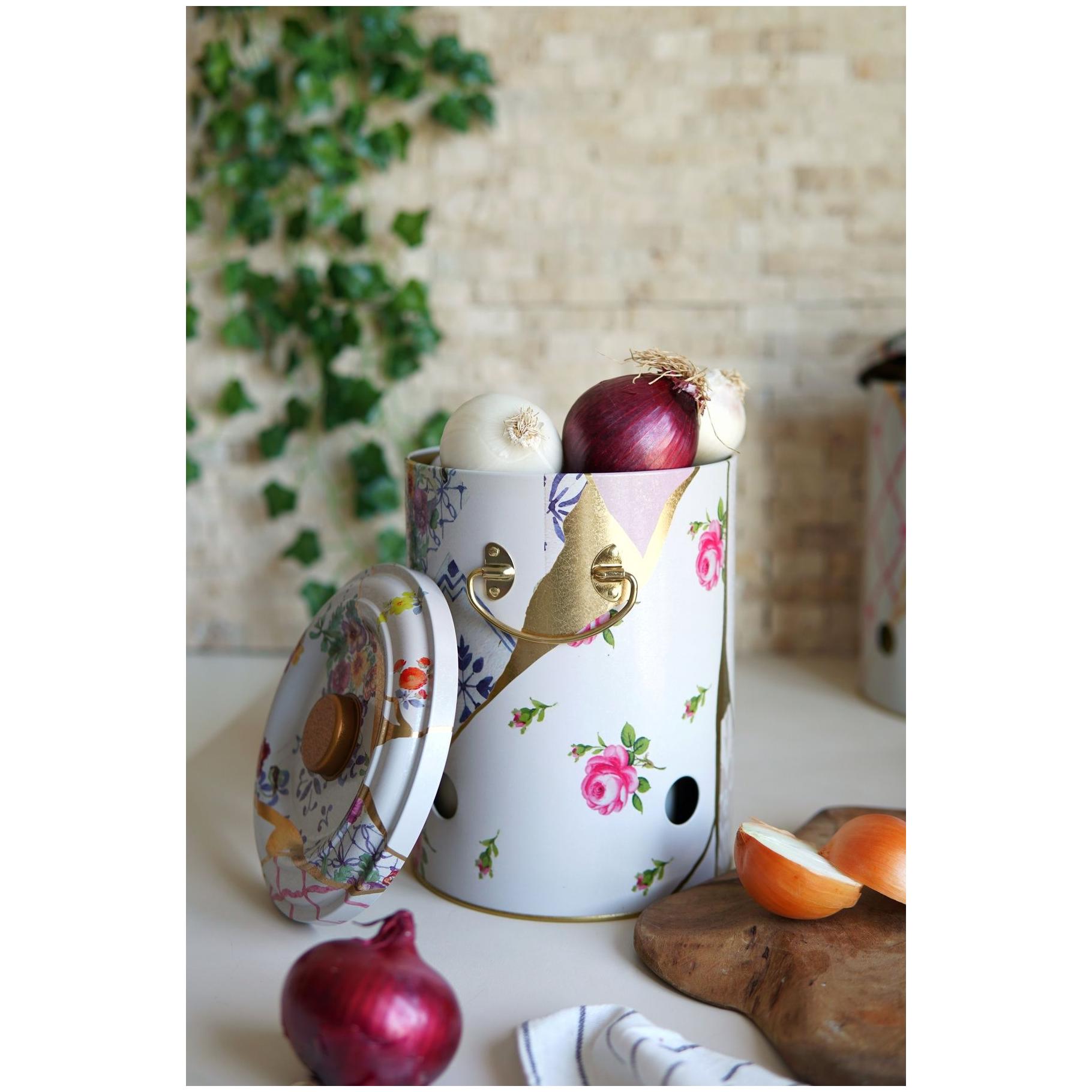 Ø175x225mm Metal Patates ve Soğan Saklama Kabı 5L Kintsugi Altın Damarlı Çiçek Desenli — Patates Soğan ve Sarımsak Saklama…