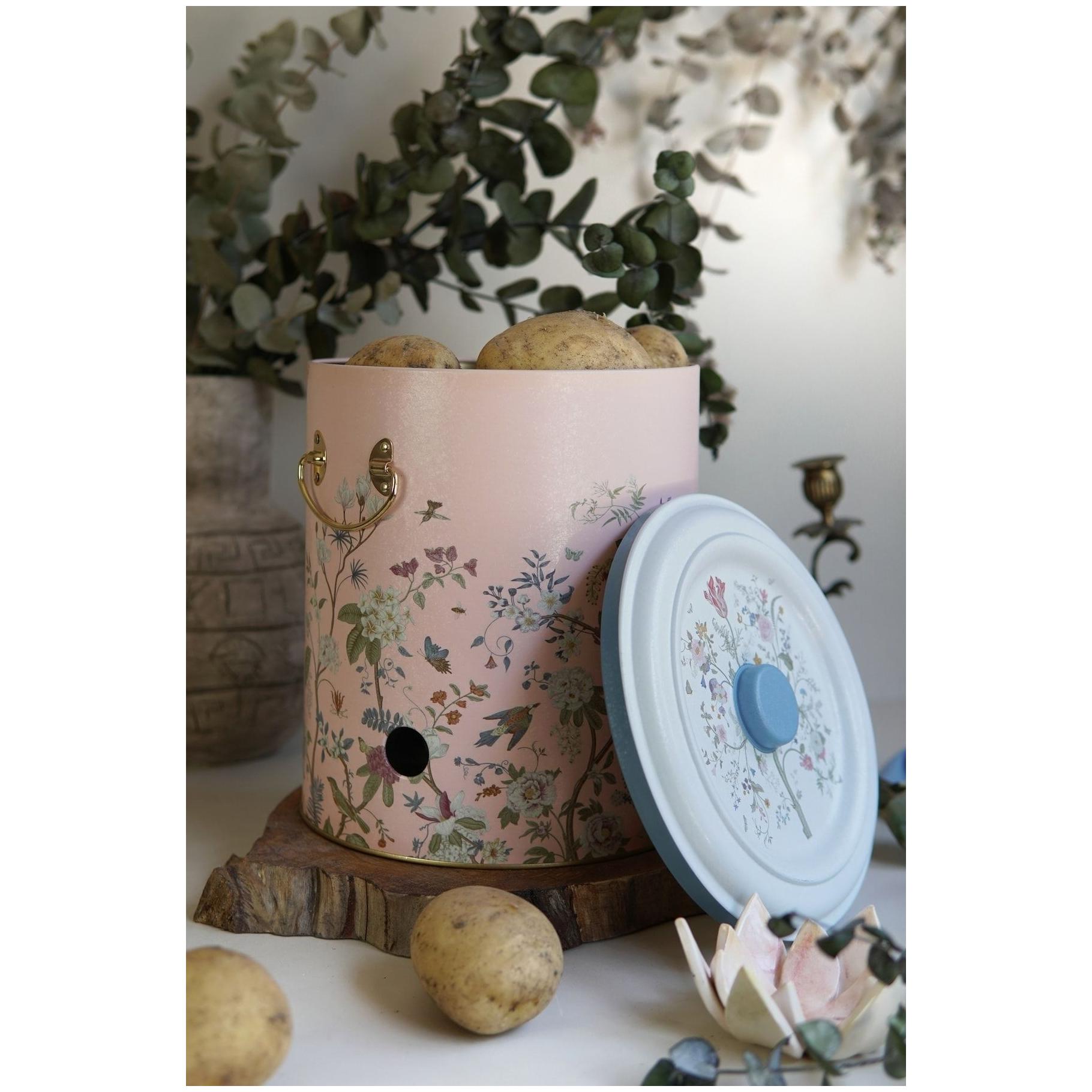 Ø225x240 mm Metal Patates ve Soğan Saklama Kabı 9L Çiçek Desenli Pastel Pembe — Patates Soğan ve Sarımsak Saklama Kabı — g…