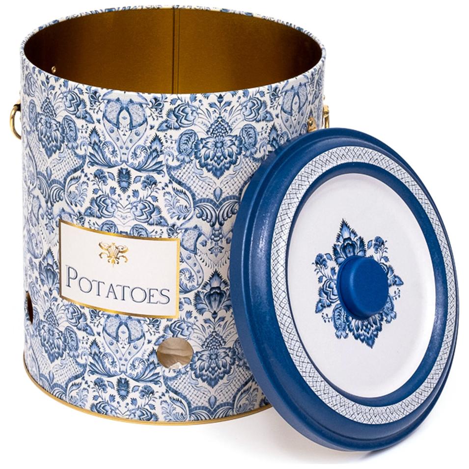 Ø225x240 mm Metal Patates ve Soğan Saklama Kabı 9L Azulejo Esintili Mavi ve Beyaz Dekoratif Desenli — Patates Soğan ve Sar…