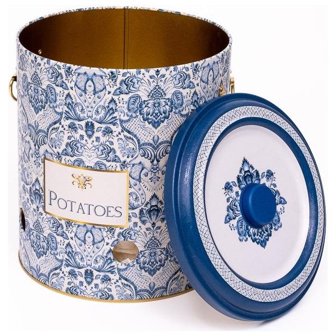 Ø225x240 mm Metal Patates ve Soğan Saklama Kabı 9L Azulejo Esintili Mavi ve Beyaz Dekoratif Desenli — Patates Soğan ve Sar…